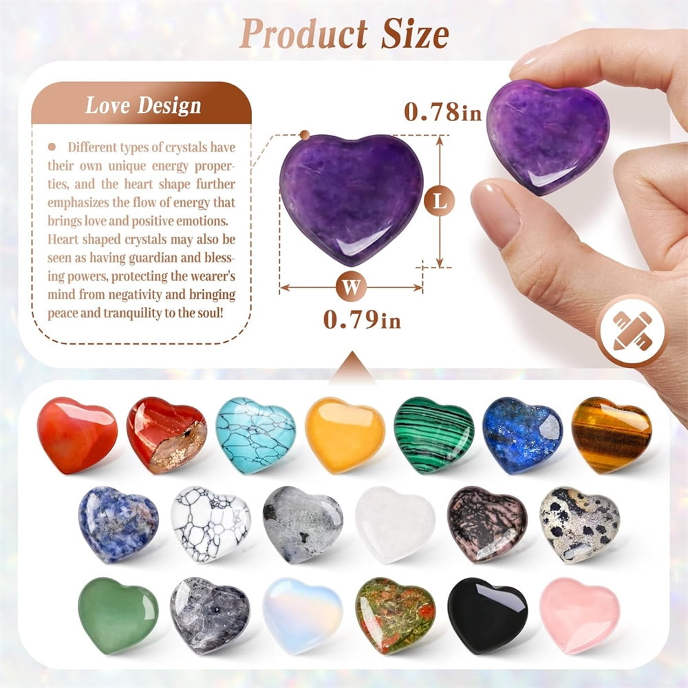 20Pcs Heart Crystals Stones,Love Shaped Polished Stones,Natural Rose Quartz Crystals Amethyst Tiger Eye Chakra Rocks,Energy Healing Gemstones,Chakra Reiki Balancing Gifts