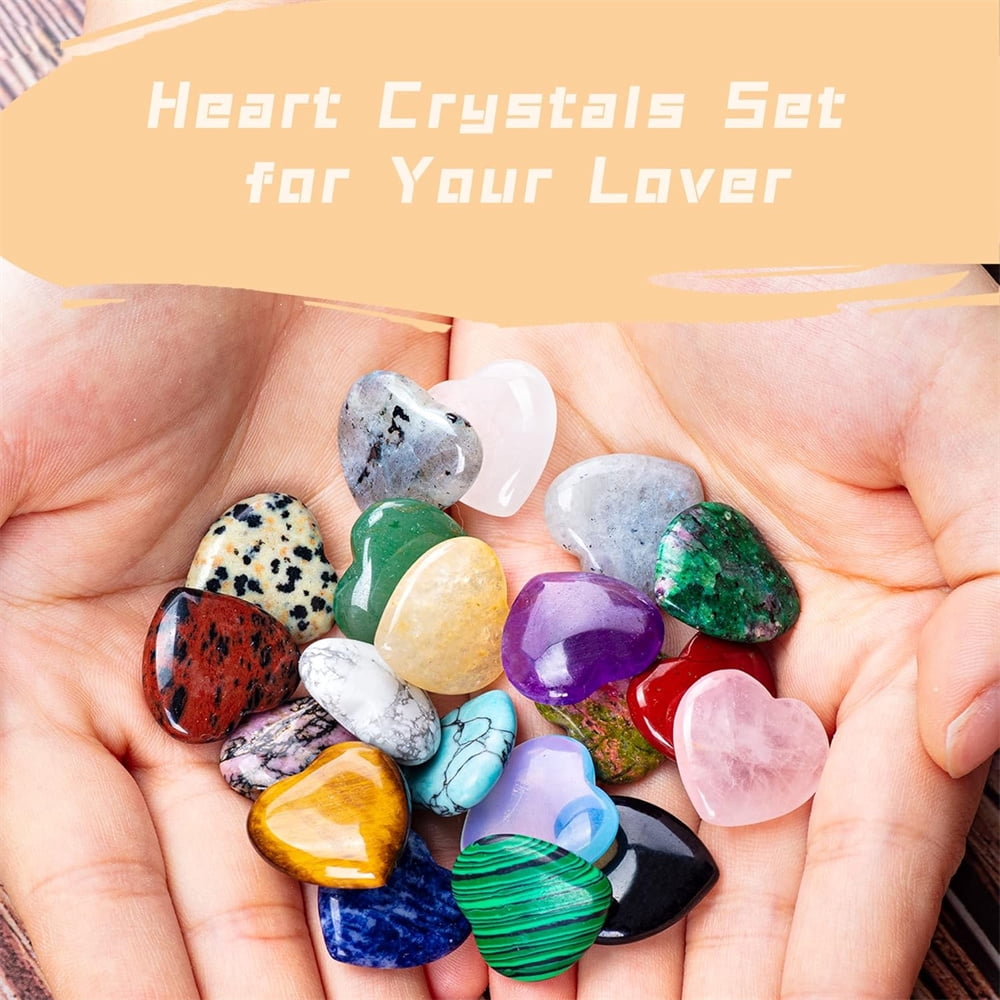 20Pcs Heart Crystals Stones,Love Shaped Polished Stones,Natural Rose Quartz Crystals Amethyst Tiger Eye Chakra Rocks,Energy Healing Gemstones,Chakra Reiki Balancing Gifts
