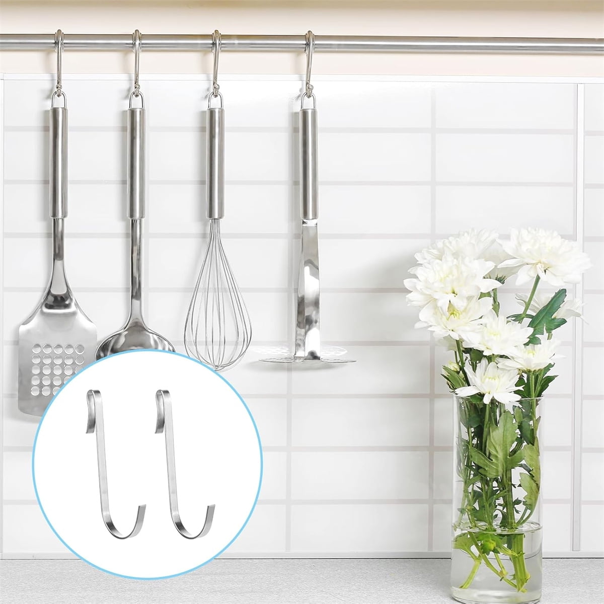 Tutuviw 20 Pcs 2.4in Long J-Hook for Wire Shelving, Wire Rack Hook, Stainless Steel Hanger Clip-on Hooks, Hanging Sink Grid Hook, Heavy Duty Utility Hooks for Kitchen Bedroom Office, Silver White