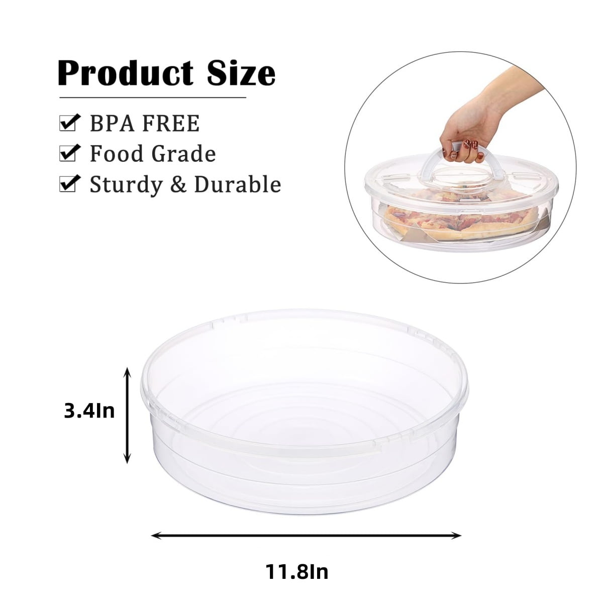 2 Compartments Pizza Storage Container,11.8X3.4In Round Pie Carrier with Lid and Handle,Clear Reusable Pizza Tray for Cupcakes