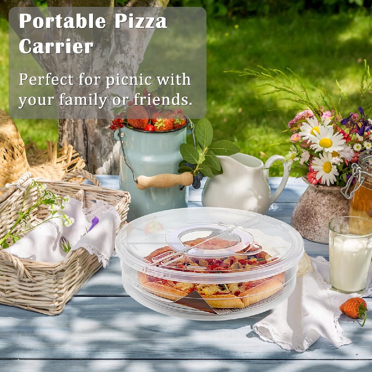 2 Compartments Pizza Storage Container,11.8X3.4In Round Pie Carrier with Lid and Handle,Clear Reusable Pizza Tray for Cupcakes