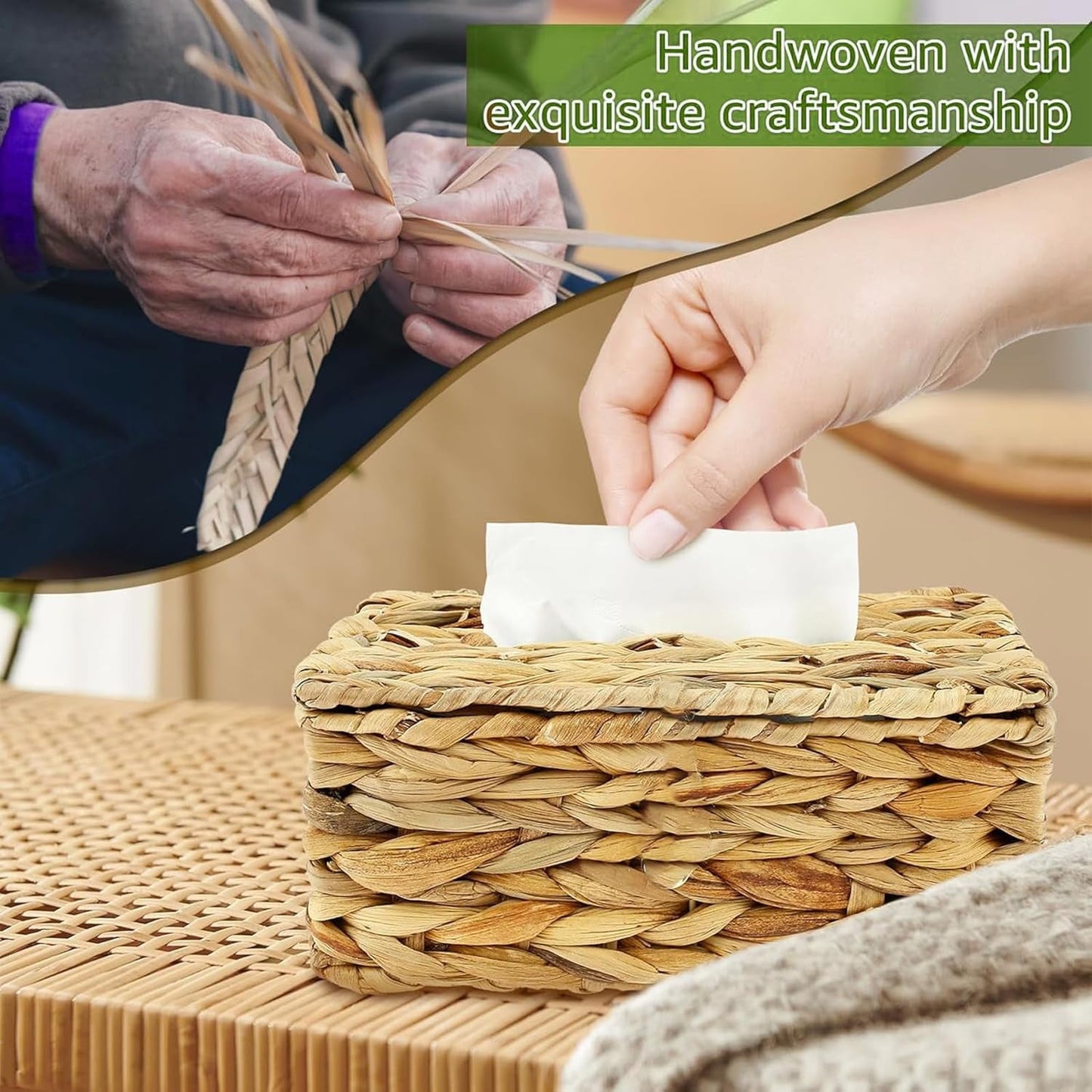 Tutuviw Tissue Box Cover Rectangle,Tissue Box Holder for Bathroom,Water Hyacinth Tissue Box Holder,Rattan Tissue Box Cover Facial Tissue Holder for Table,10" x 6" x 4.5 11"