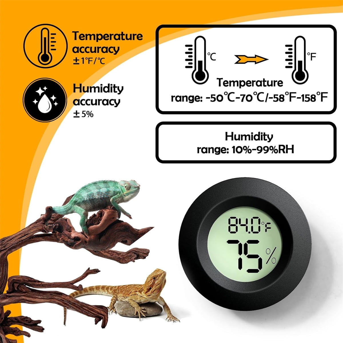 Tutuviw Reptile Thermometer Hygrometer LCD Digital Humidity Gauge for Reptile Heat Pad to Monitor Temperature and Humidity in Reptile Terrarium for Turtle Snake Lizard Frog Plant Box, 2Pcs 1.7