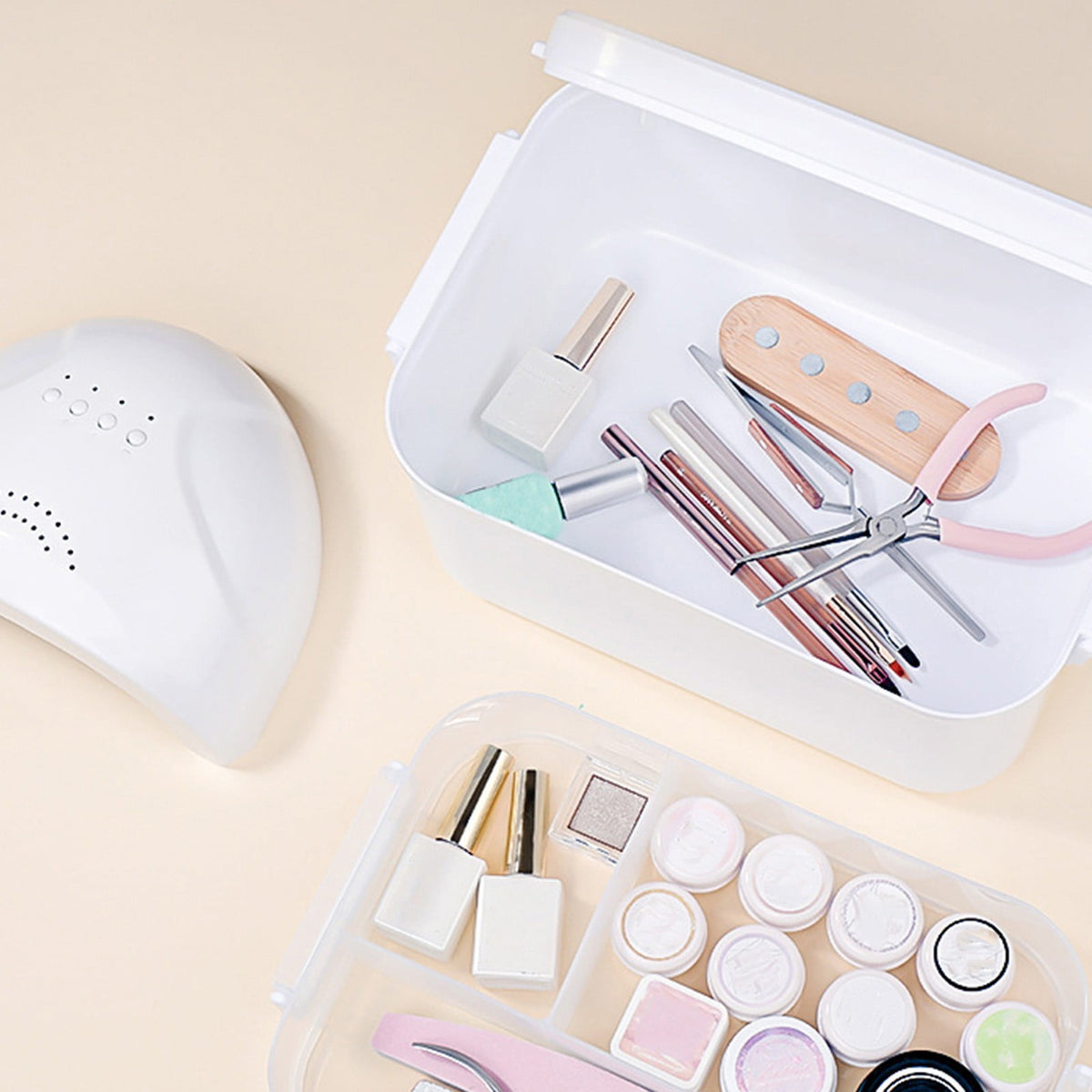 Portable Nail Polish Carrying Box, Plastic Storage Bins with Removable Tray and Lids, Crafts Organizers and Storage Clear Container with Handle, Travel Box Holders for Art Crafts and Cosmetic White