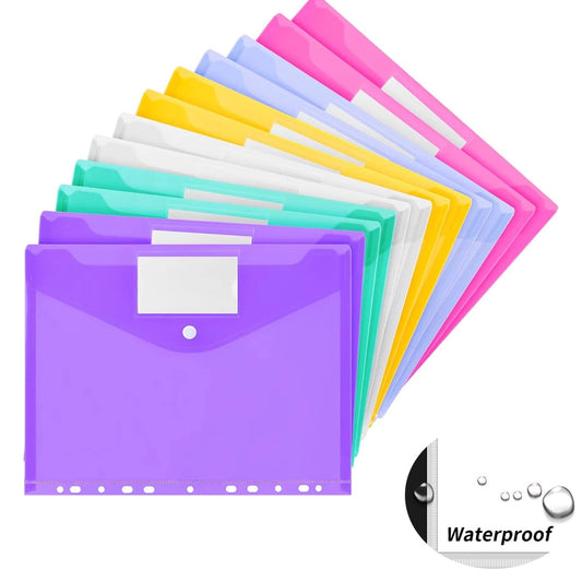 Tutuviw 12Pcs Binder Pockets for 2/3/4 Ring,11 Holes Binder Folders,Clear Document Folders,A4 Size Clear Document Envelopes,Snap Button Pouch with Label for Home Work Organization Multi-color