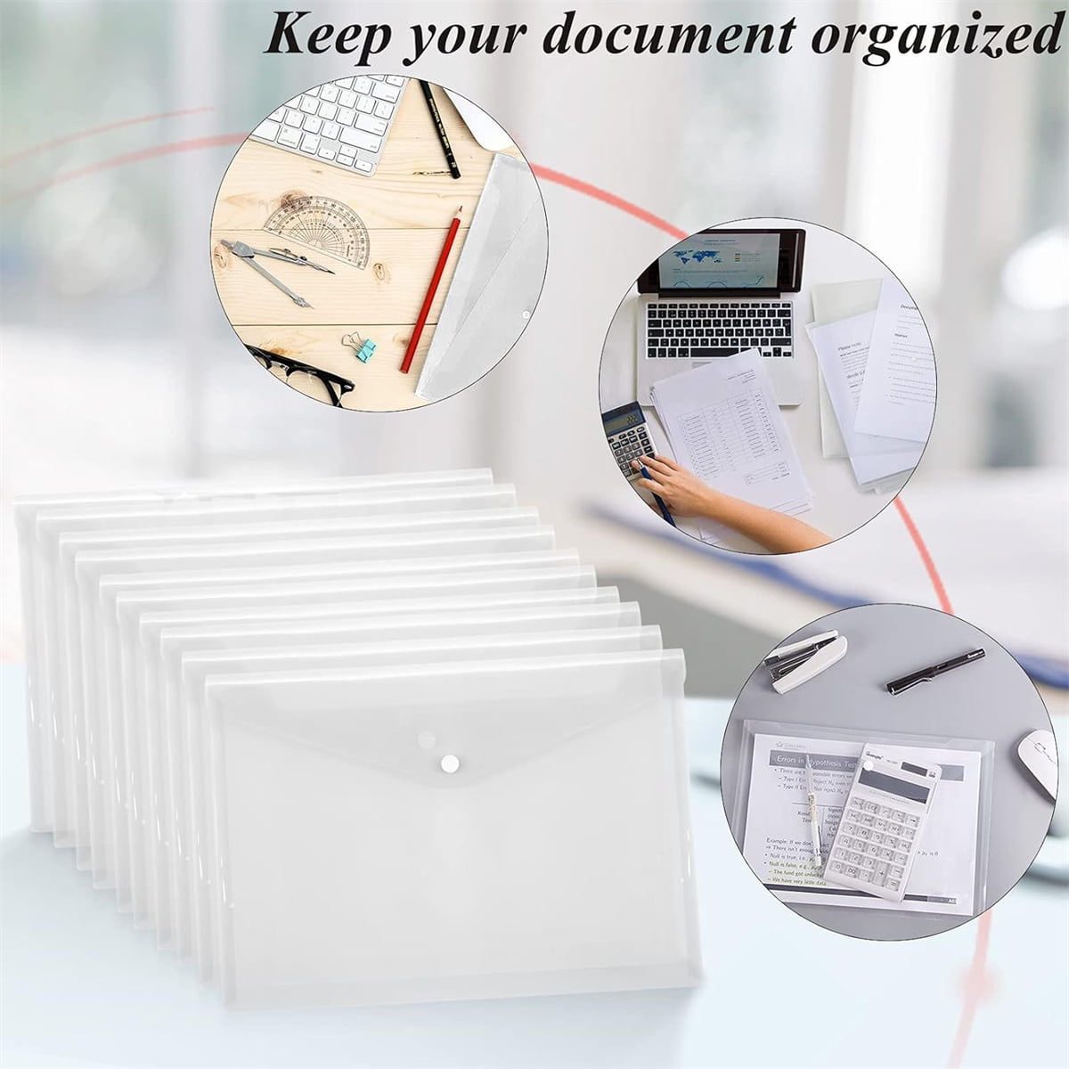 Tutuviw 12Pcs Binder Pockets for 2/3/4 Ring,11 Holes Binder Folders,Clear Document Folders,A4 Size Clear Document Envelopes,Snap Button Pouch with Label for Home Work Organization White