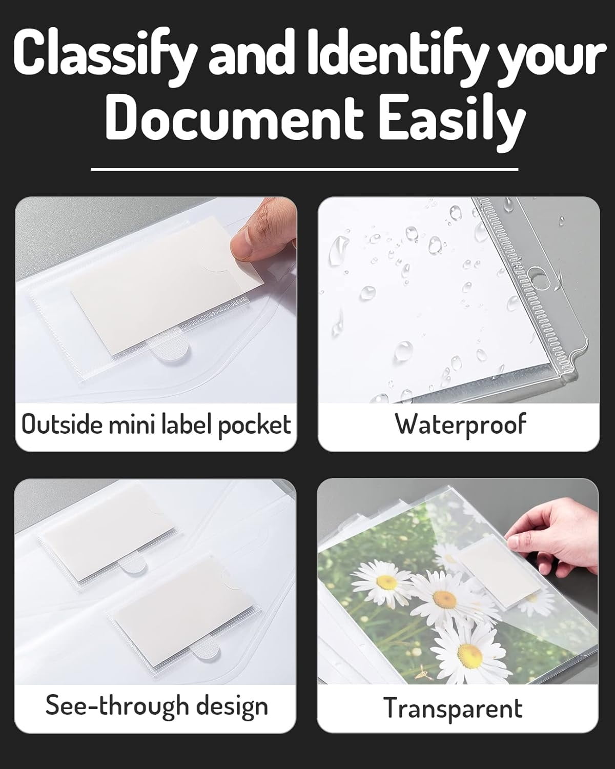Tutuviw 12Pcs Binder Pockets for 2/3/4 Ring,11 Holes Binder Folders,Clear Document Folders,A4 Size Clear Document Envelopes,Snap Button Pouch with Label for Home Work Organization White