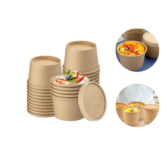 QZS 20 Pack Paper Soup Bowls,12oz Disposable Kraft Paper Soup Bowls with Lids for Ice Cream,Durable Kraft Food Cups for Chocolate,Candy 3.5" x 2.8" x 2.4"