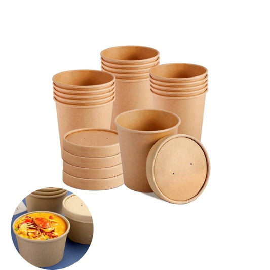 QZS 20 Pack Paper Soup Bowls,12oz Disposable Kraft Paper Soup Bowls with Lids for Ice Cream,Durable Kraft Food Cups for Chocolate,Candy 3.5" x 2.8" x 3.5"
