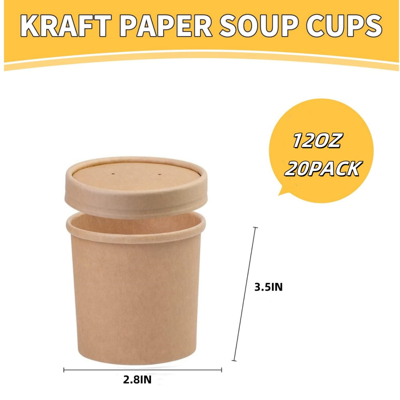 QZS 20 Pack Paper Soup Bowls,12oz Disposable Kraft Paper Soup Bowls with Lids for Ice Cream,Durable Kraft Food Cups for Chocolate,Candy 3.5" x 2.8" x 3.5"