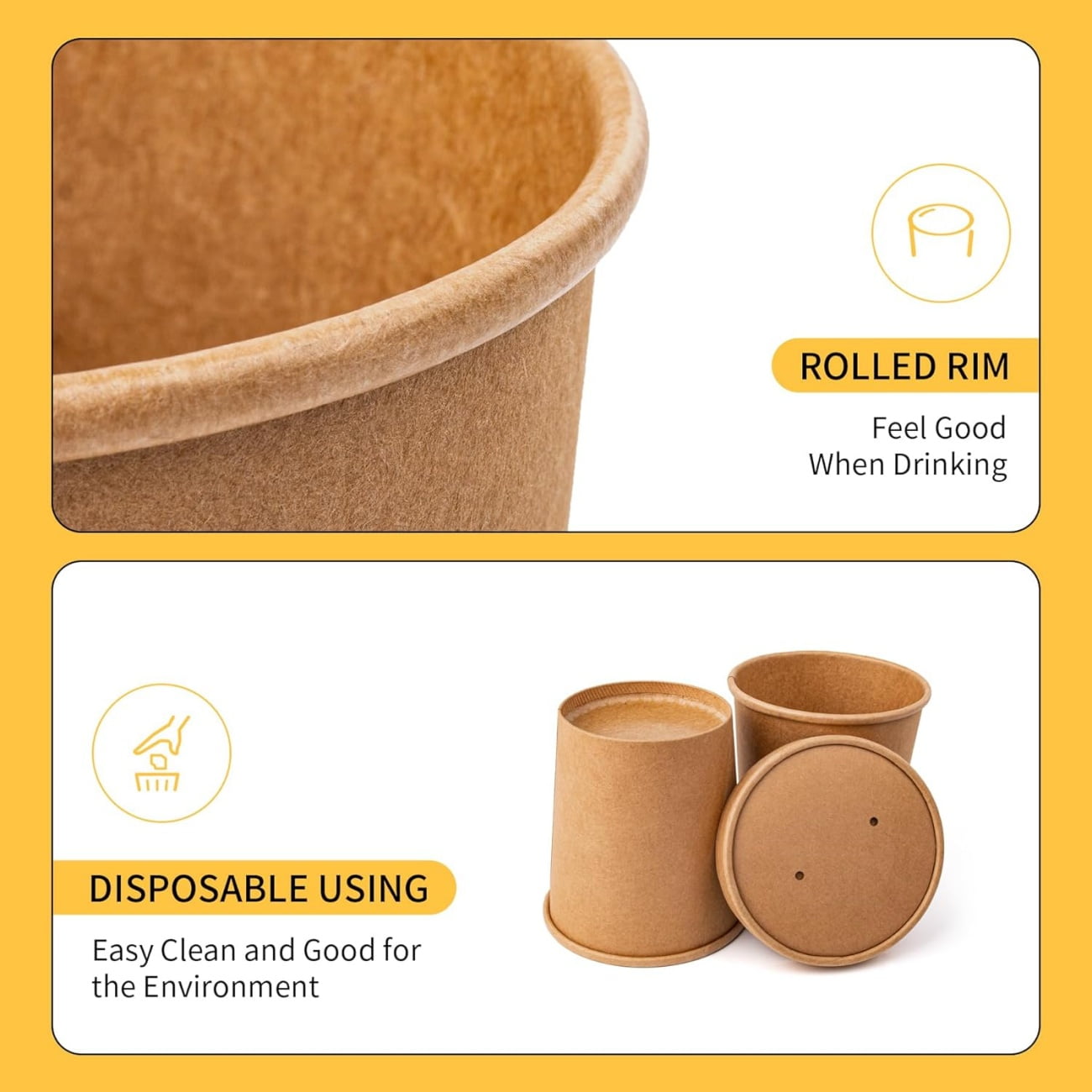 QZS 20 Pack Paper Soup Bowls,12oz Disposable Kraft Paper Soup Bowls with Lids for Ice Cream,Durable Kraft Food Cups for Chocolate,Candy 3.8" x 2.8" x 3.9"