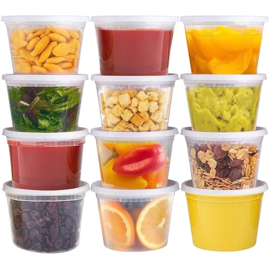 16 oz Deli Containers with Lids,Stackable Food Storage Box,Disposable Takeout Containers,Airtight Leakproof Round Bowls,Non-Spill Plastic Soup Cups,Freezer Safe,for Meal Prep 12Pcs Clear