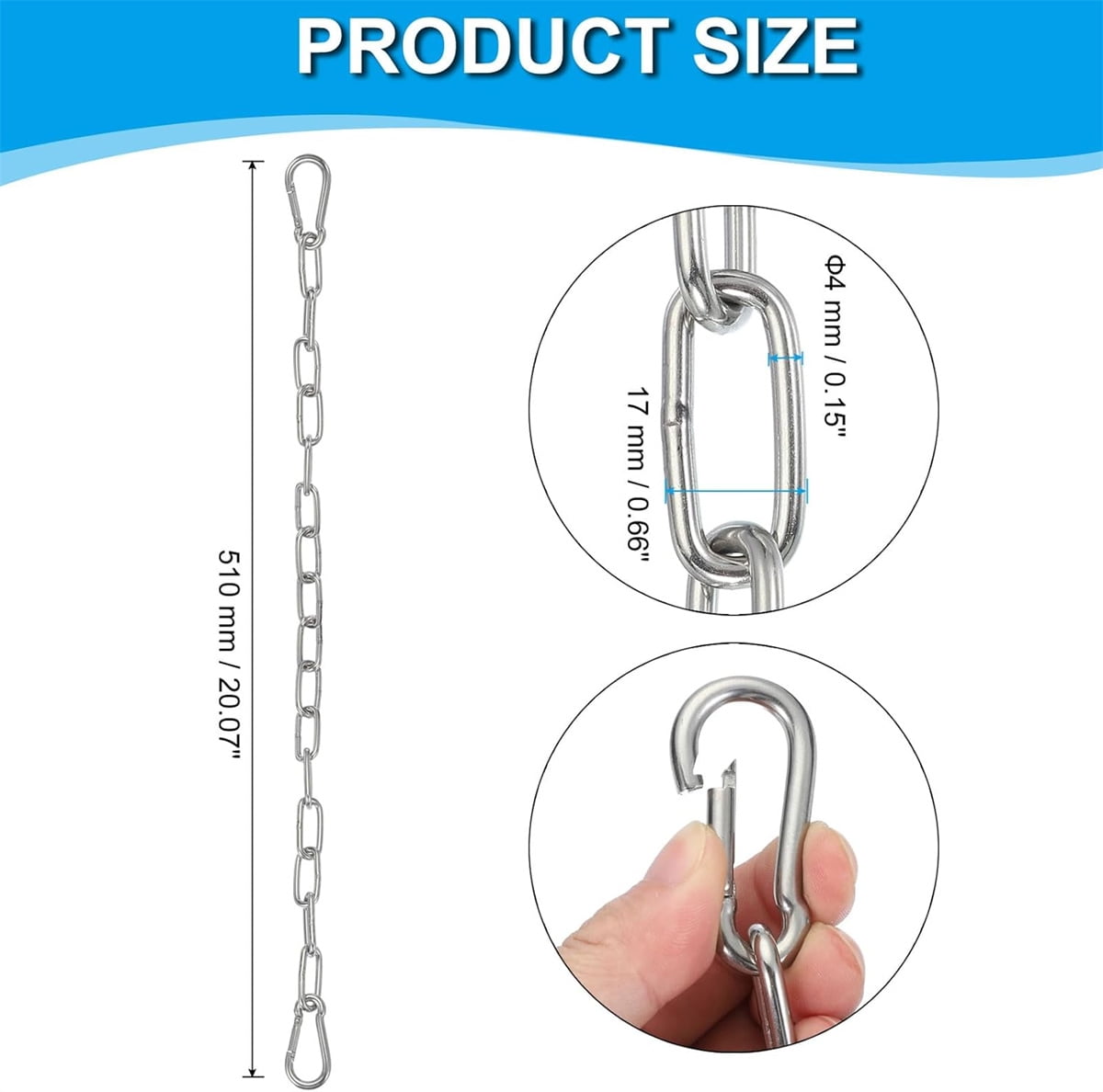 Gate Chain Lock,Tutuviw 20Inch Stainless Steel Metal Chain with 2 Carabiners,Link Chain Lock for Outdoor Fences,Hanging Chain Lock for Home Outdoor Camping Hanging Pet Chain Prevention Theft