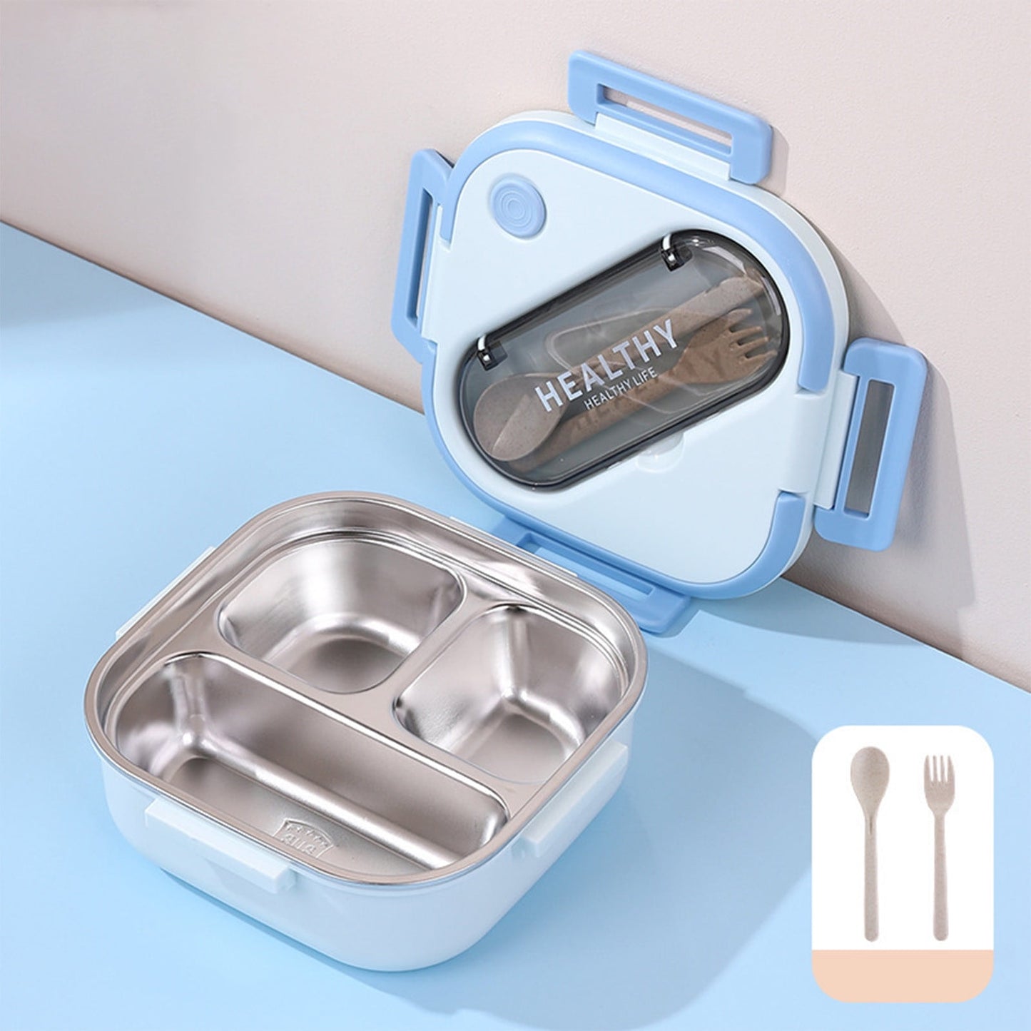 Aespoir Lunch Box, Toddler Lunch Box, Leak-Proof, Four-Sided Clasp for School,Camping,Travel, 7.5x7.5x3 In Light Blue