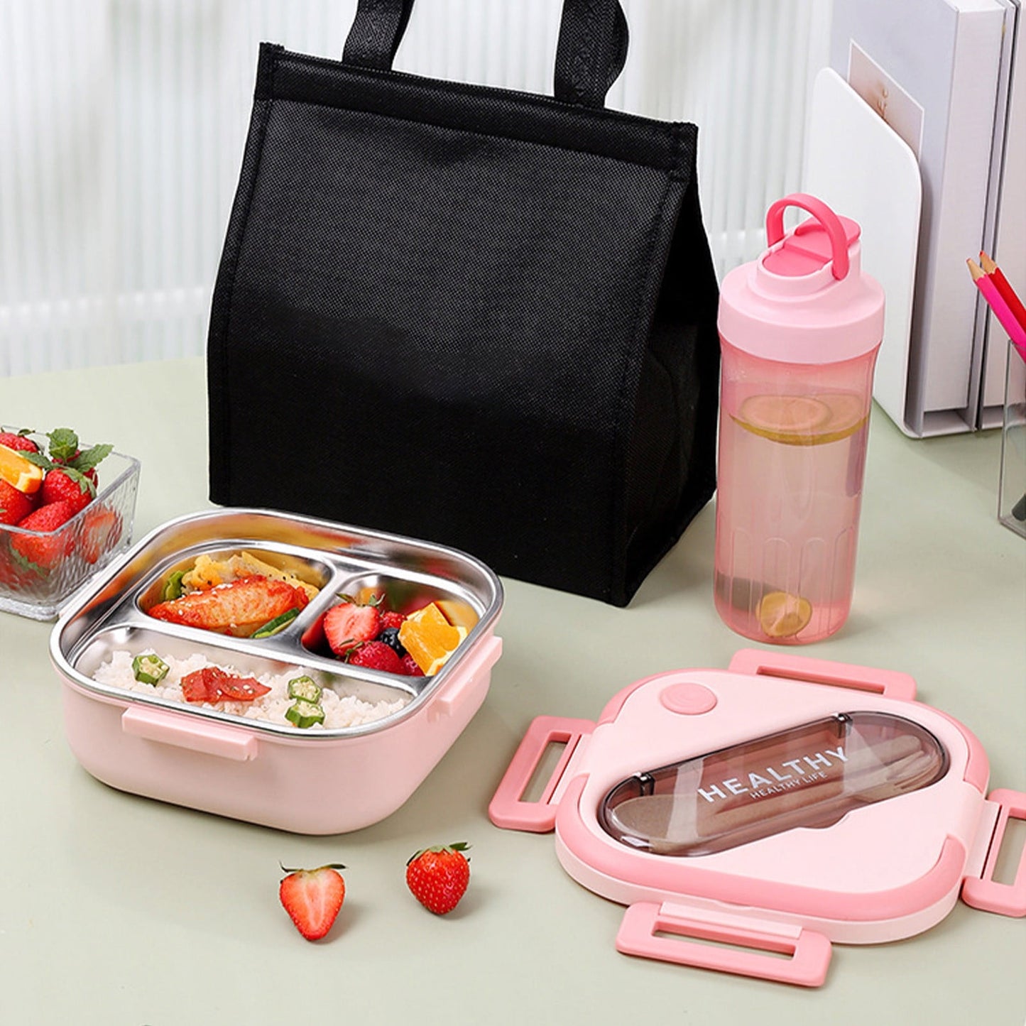 Aespoir Lunch Box, Toddler Lunch Box, Leak-Proof, Four-Sided Clasp for School,Camping,Travel, 7.5x7.5x3 In,Light Blue Pink