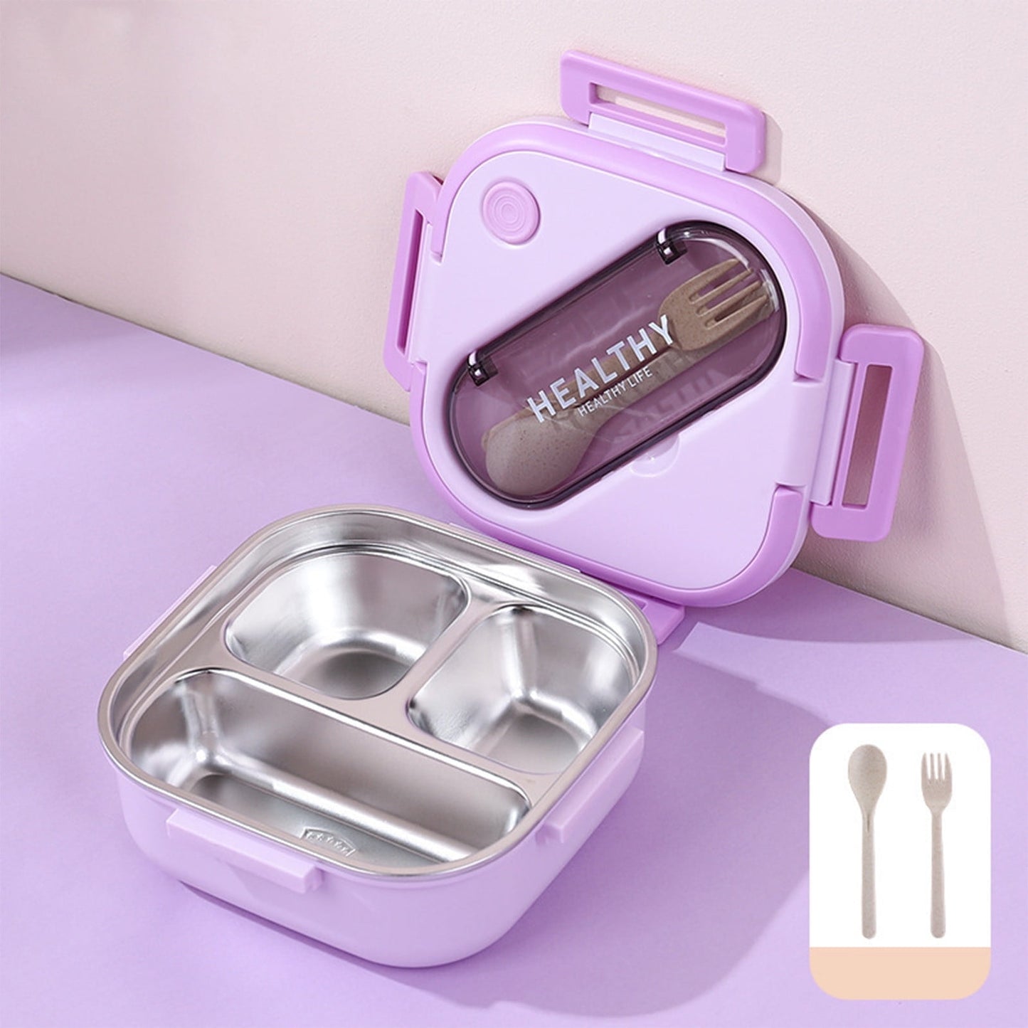 Aespoir Lunch Box, Toddler Lunch Box, Leak-Proof, Four-Sided Clasp for School,Camping,Travel, 7.5x7.5x3 In Purple