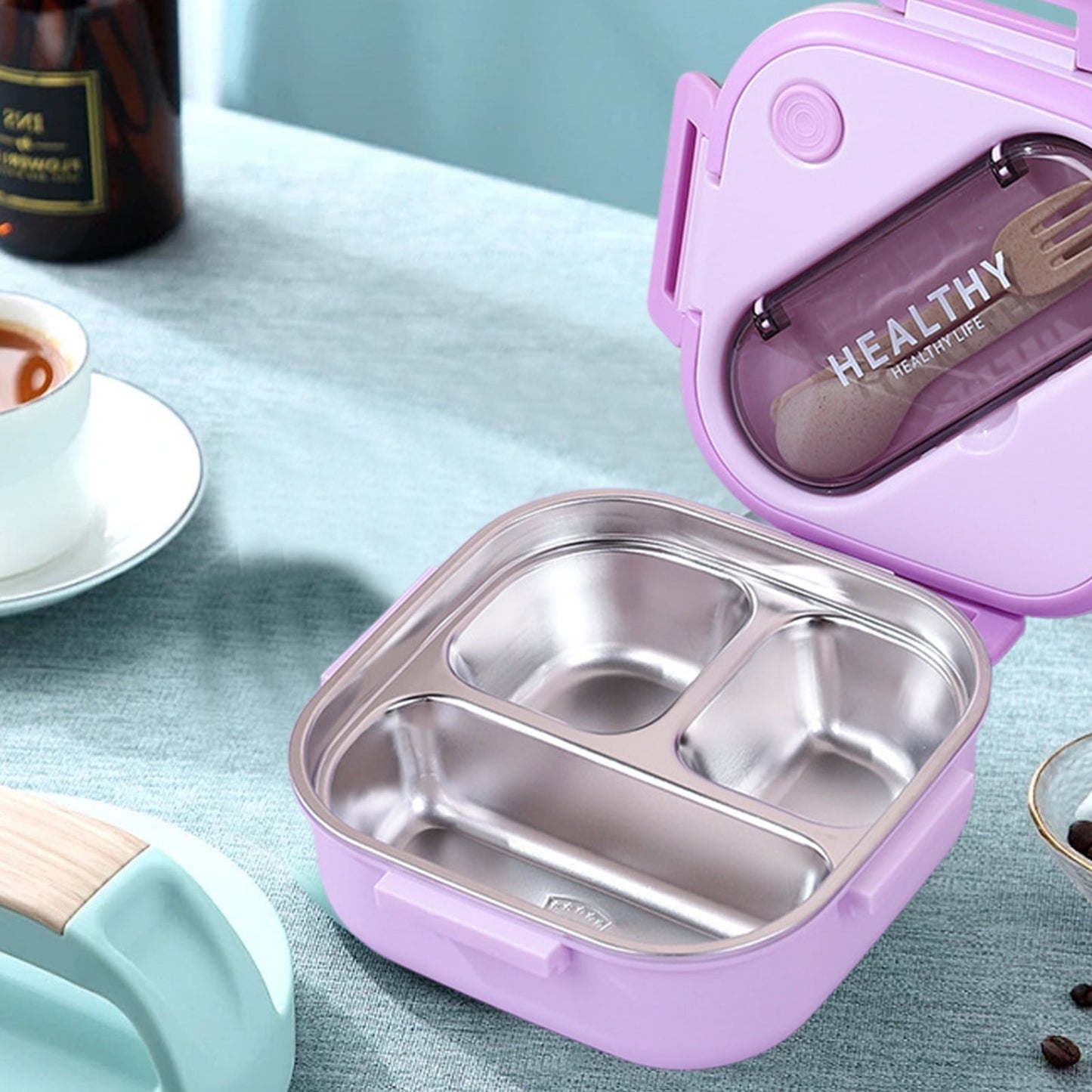 Aespoir Lunch Box, Toddler Lunch Box, Leak-Proof, Four-Sided Clasp for School,Camping,Travel, 7.5x7.5x3 In Purple