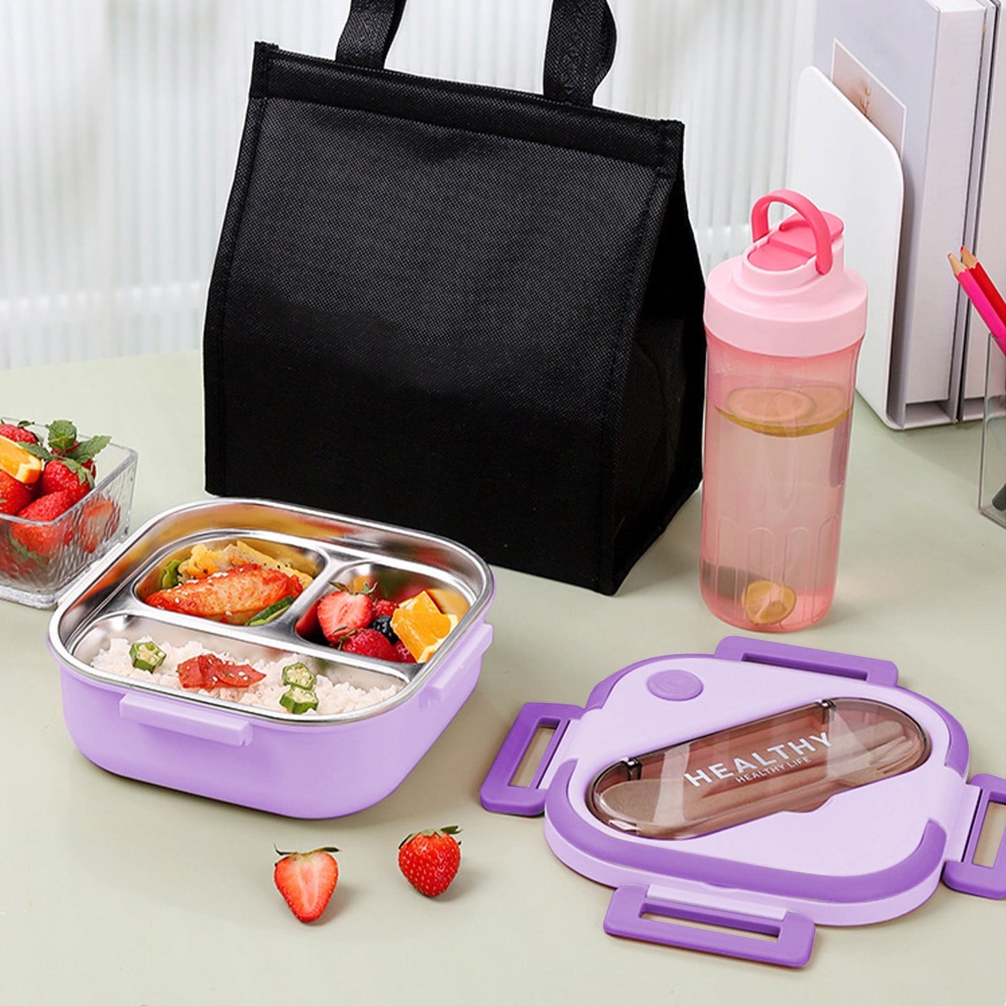 Aespoir Lunch Box, Toddler Lunch Box, Leak-Proof, Four-Sided Clasp for School,Camping,Travel, 7.5x7.5x3 In Purple