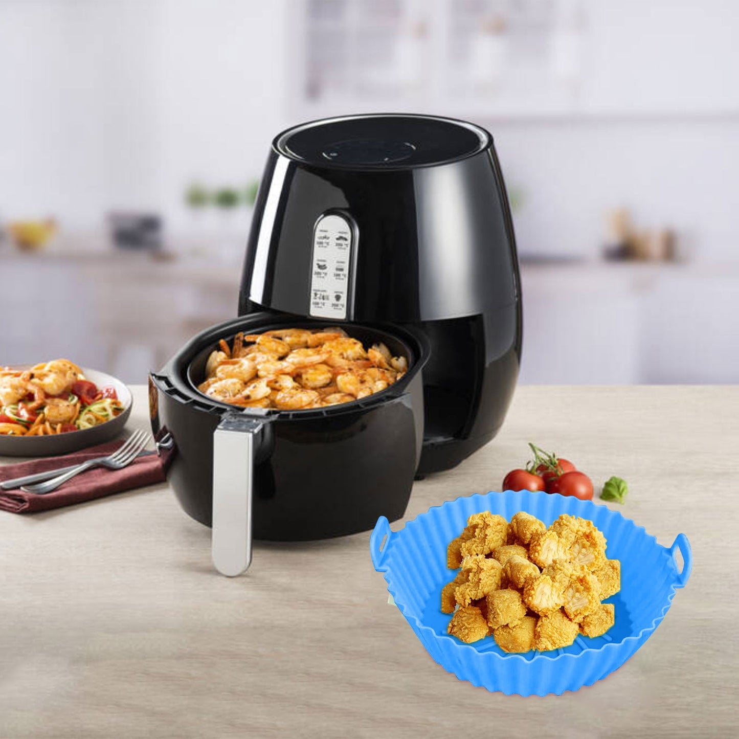 Air Fryer Silicone Liners, Air Fryer Silicone Baking Tray, Mini Air Fryer Tray, Round Small Air Fryer Liners, Silicone Reusable Airfryer Liners Accessories, Fryer Pot Baking Pan Blue