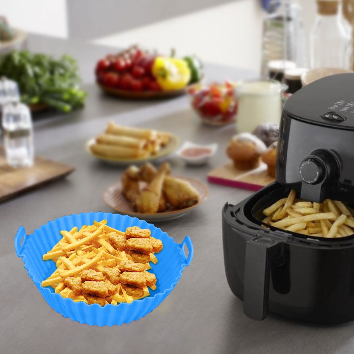 Air Fryer Silicone Liners, Air Fryer Silicone Baking Tray, Mini Air Fryer Tray, Round Small Air Fryer Liners, Silicone Reusable Airfryer Liners Accessories, Fryer Pot Baking Pan Blue