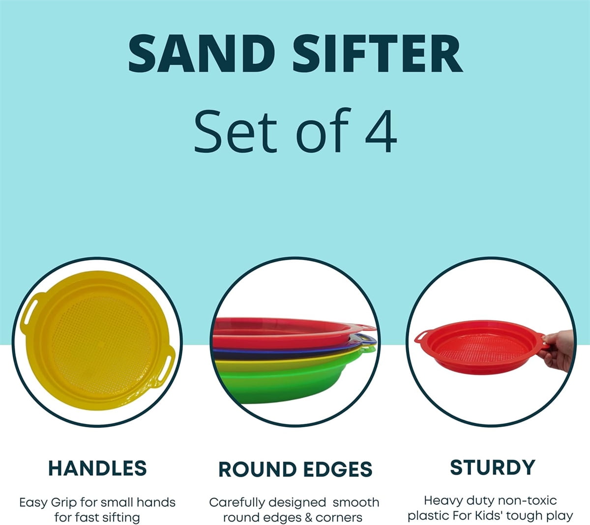 4 Pcs Sand Sifters,Tutuviw Plastic Sand Sifter,Large Sand Strainer,Sand Toys for Digging Picking Up Shells,Shark Teeth,Sand Mesh Strainer,Lightweight Plastic Sieve Hand Strainer for Sand,4 Colors