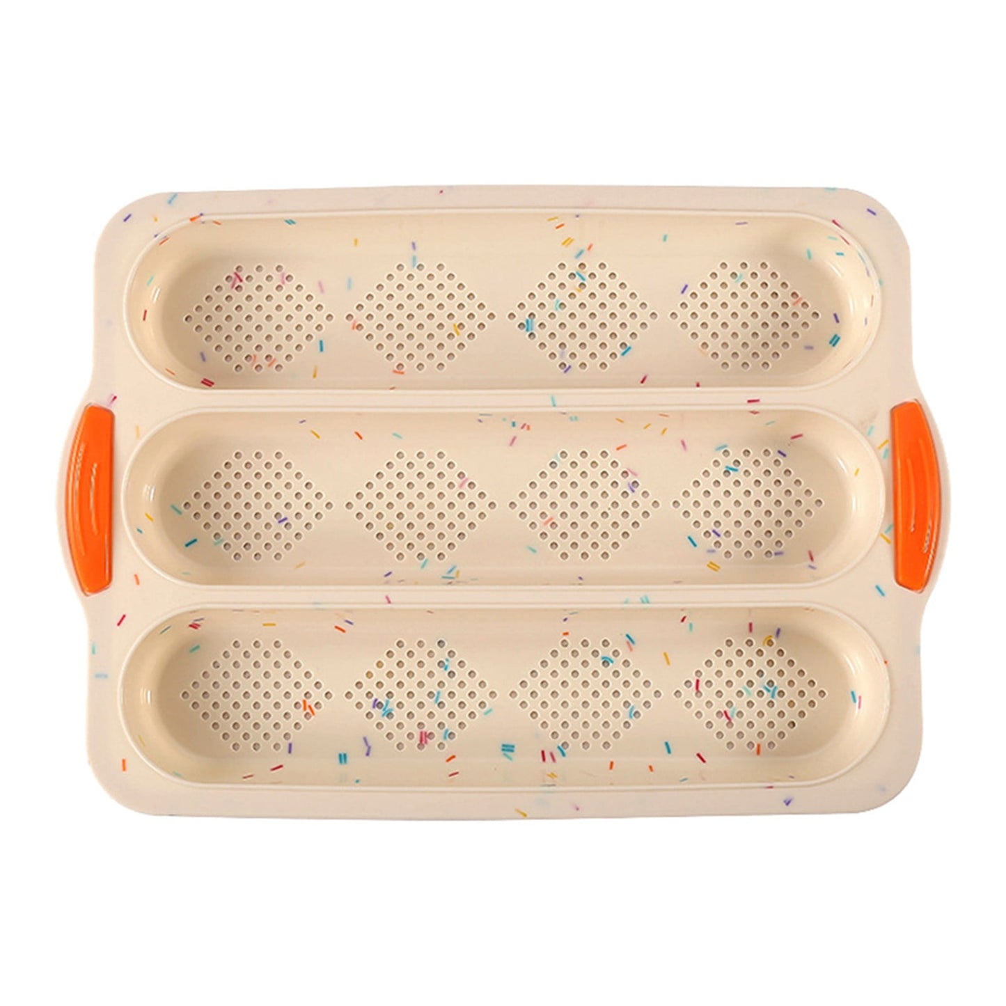 3-Slot French Bread Pan - Non Stick Silicone Baguette Mold for Hoagie, Sub Roll & Hot Dog Buns - Oven Safe Baking Tray with Vent Holes (Beige) Clearance B