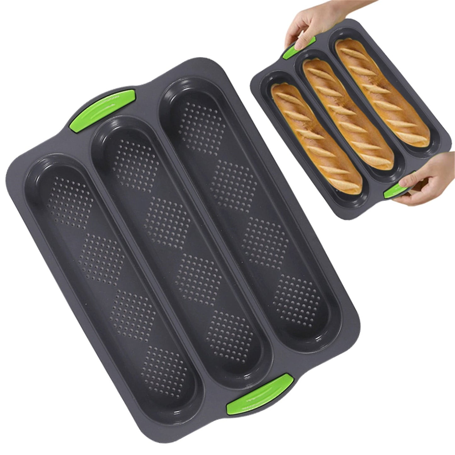 3-Slot French Bread Pan - Non Stick Silicone Baguette Mold for Hoagie, Sub Roll & Hot Dog Buns - Oven Safe Baking Tray with Vent Holes (Beige) Clearance C