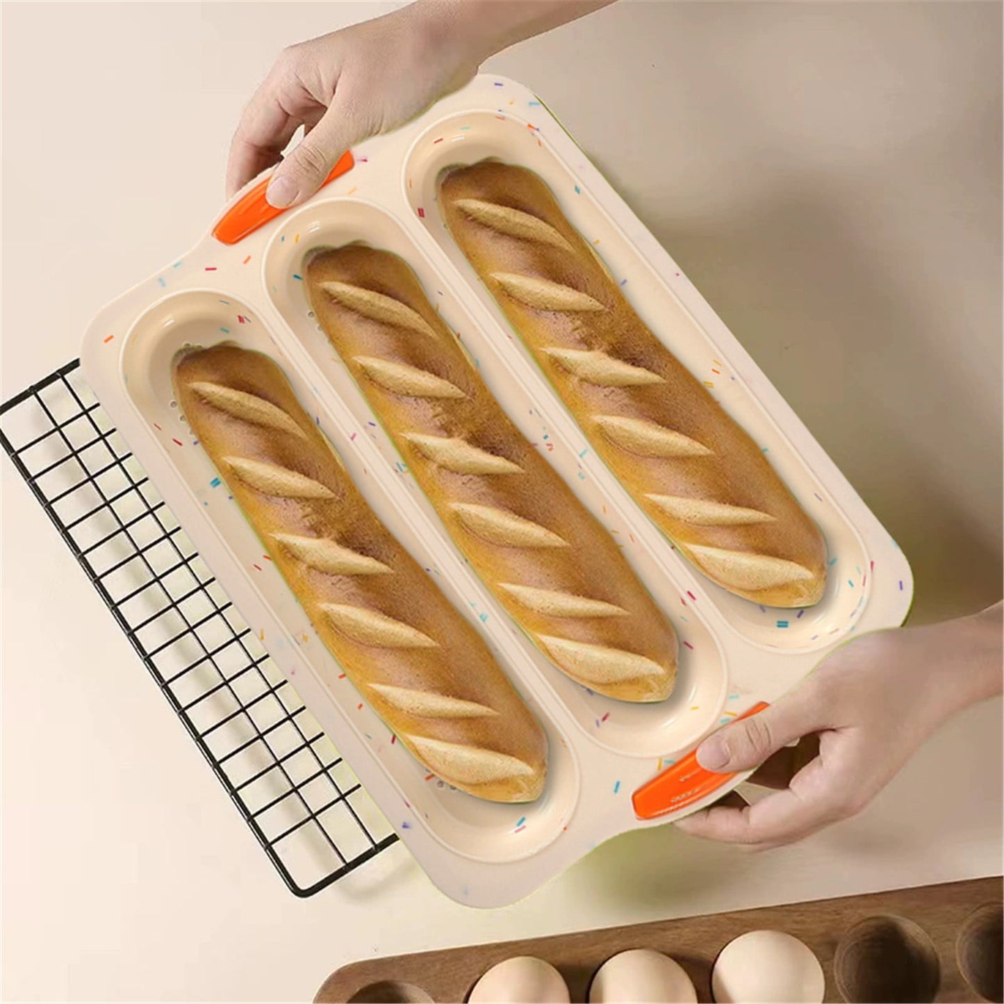 3-Slot French Bread Pan - Non Stick Silicone Baguette Mold for Hoagie, Sub Roll & Hot Dog Buns - Oven Safe Baking Tray with Vent Holes (Beige) Clearance C