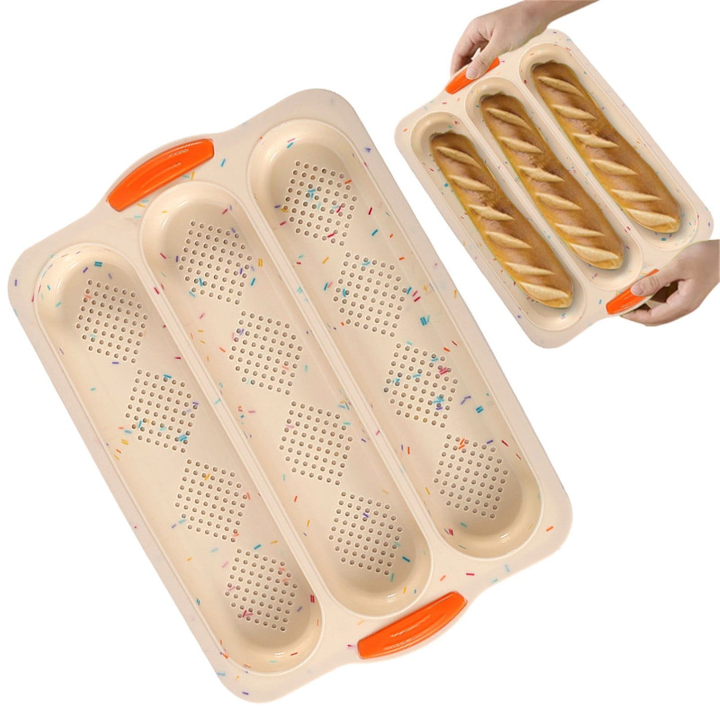 3-Slot French Bread Pan - Non Stick Silicone Baguette Mold for Hoagie, Sub Roll & Hot Dog Buns - Oven Safe Baking Tray with Vent Holes (Beige) Clearance C