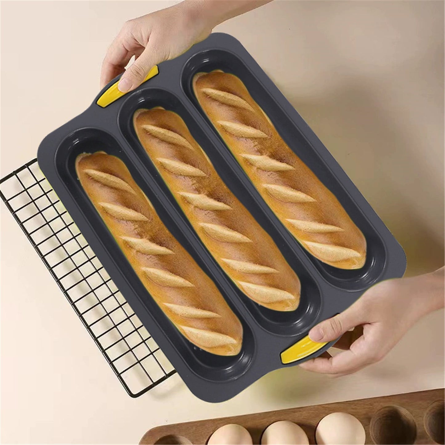 3-Slot French Bread Pan - Non Stick Silicone Baguette Mold for Hoagie, Sub Roll & Hot Dog Buns - Oven Safe Baking Tray with Vent Holes (Beige) Clearance Green