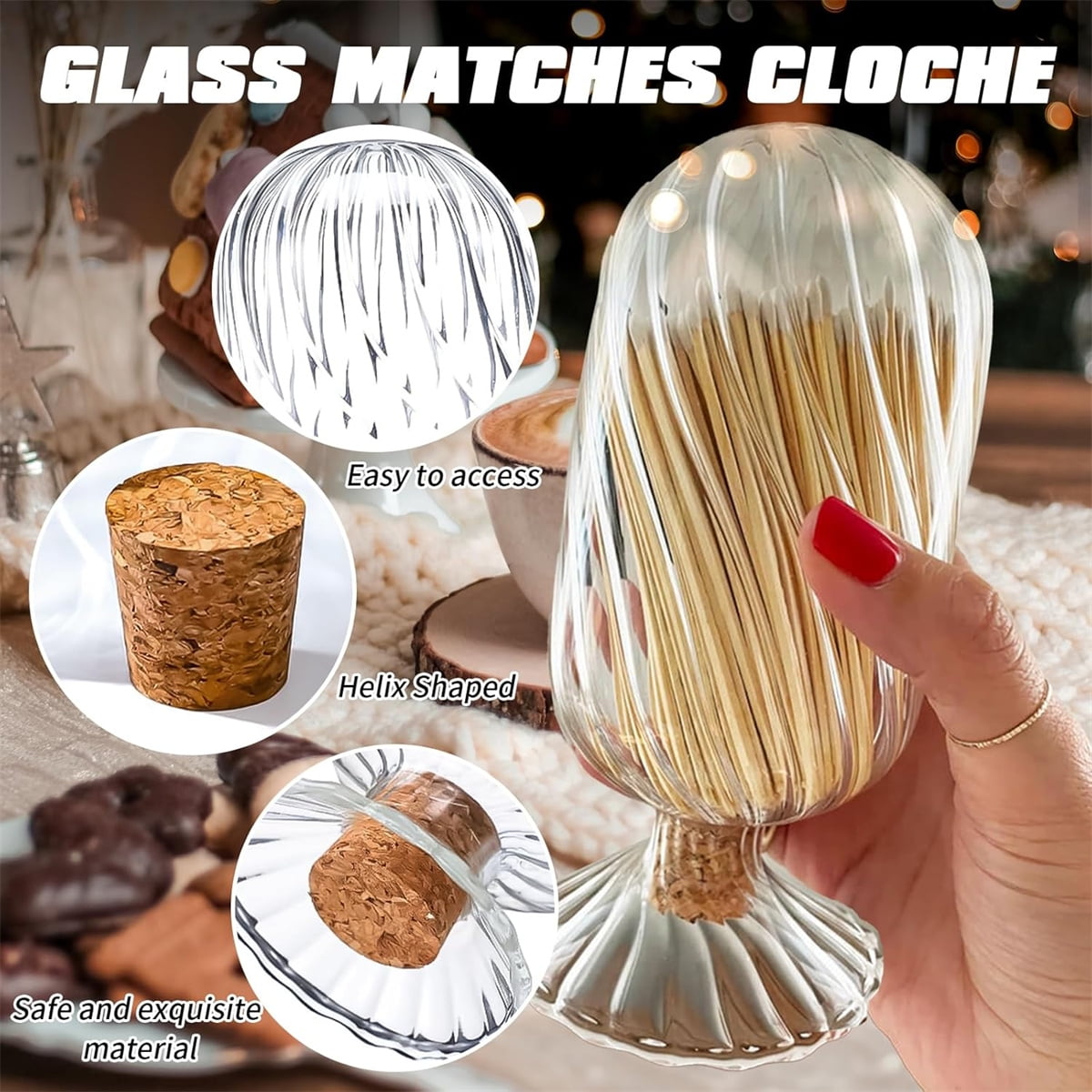 Empty Glass Helix Spiral Cloche Jar,Tutuviw Helix Shaped Glass Matches Cloche Decorative,Clear Decorative Match Holder Jar with Cork Stopper for Candle Display,Holds Cotton Swabs,Toothpicks