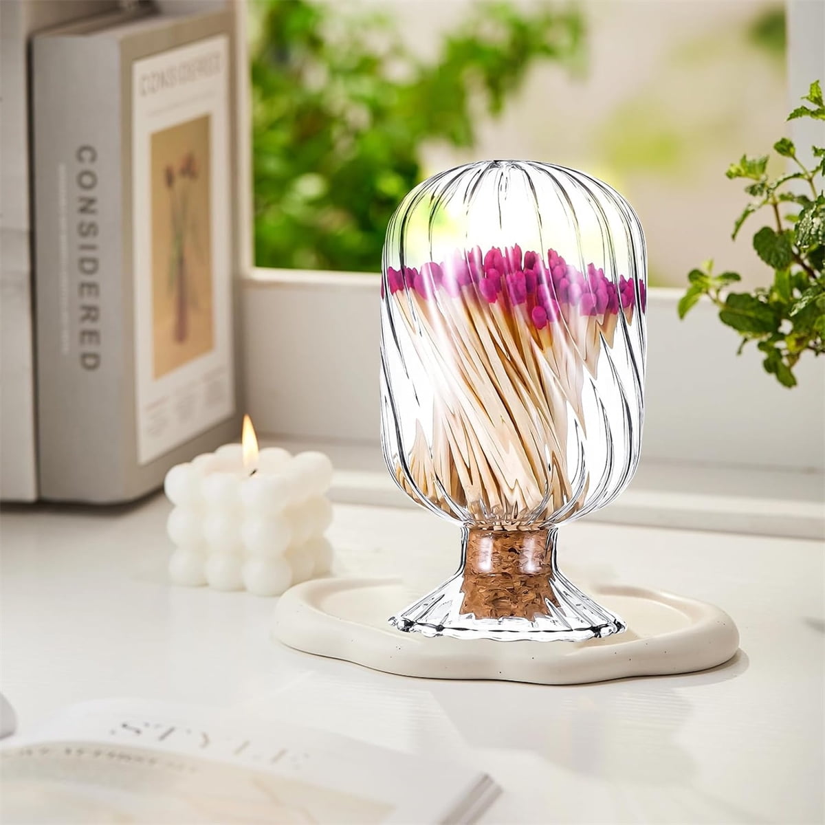 Empty Glass Helix Spiral Cloche Jar,Tutuviw Helix Shaped Glass Matches Cloche Decorative,Clear Decorative Match Holder Jar with Cork Stopper for Candle Display,Holds Cotton Swabs,Toothpicks