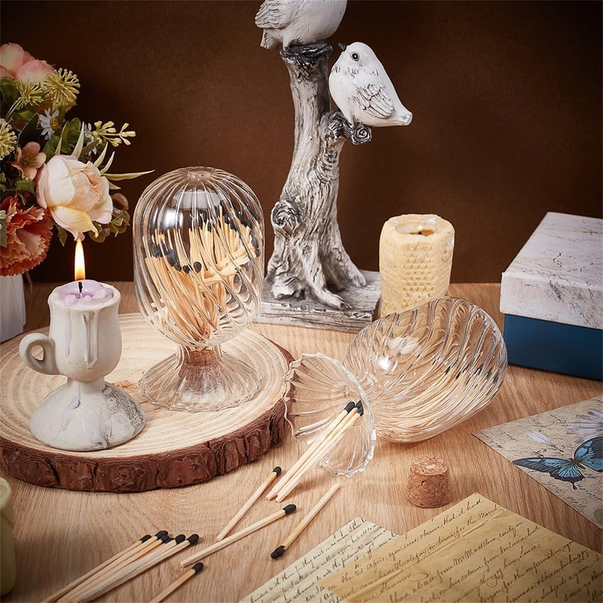 Empty Glass Helix Spiral Cloche Jar,Tutuviw Helix Shaped Glass Matches Cloche Decorative,Clear Decorative Match Holder Jar with Cork Stopper for Candle Display,Holds Cotton Swabs,Toothpicks
