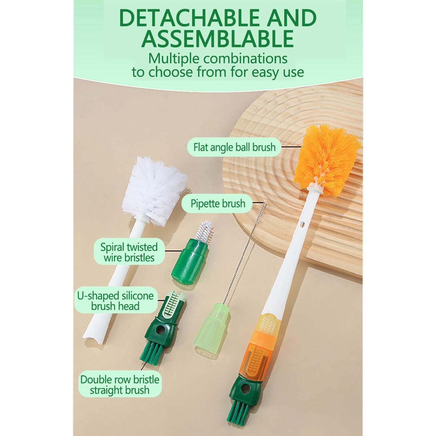 Long Handle Cup Cleaning Brush Set,Multi-Function Bottle Brush with Straw Cleaner & Detachable Heads for Mugs, Tumblers, Narrow Neck Bottles & Straws Orange