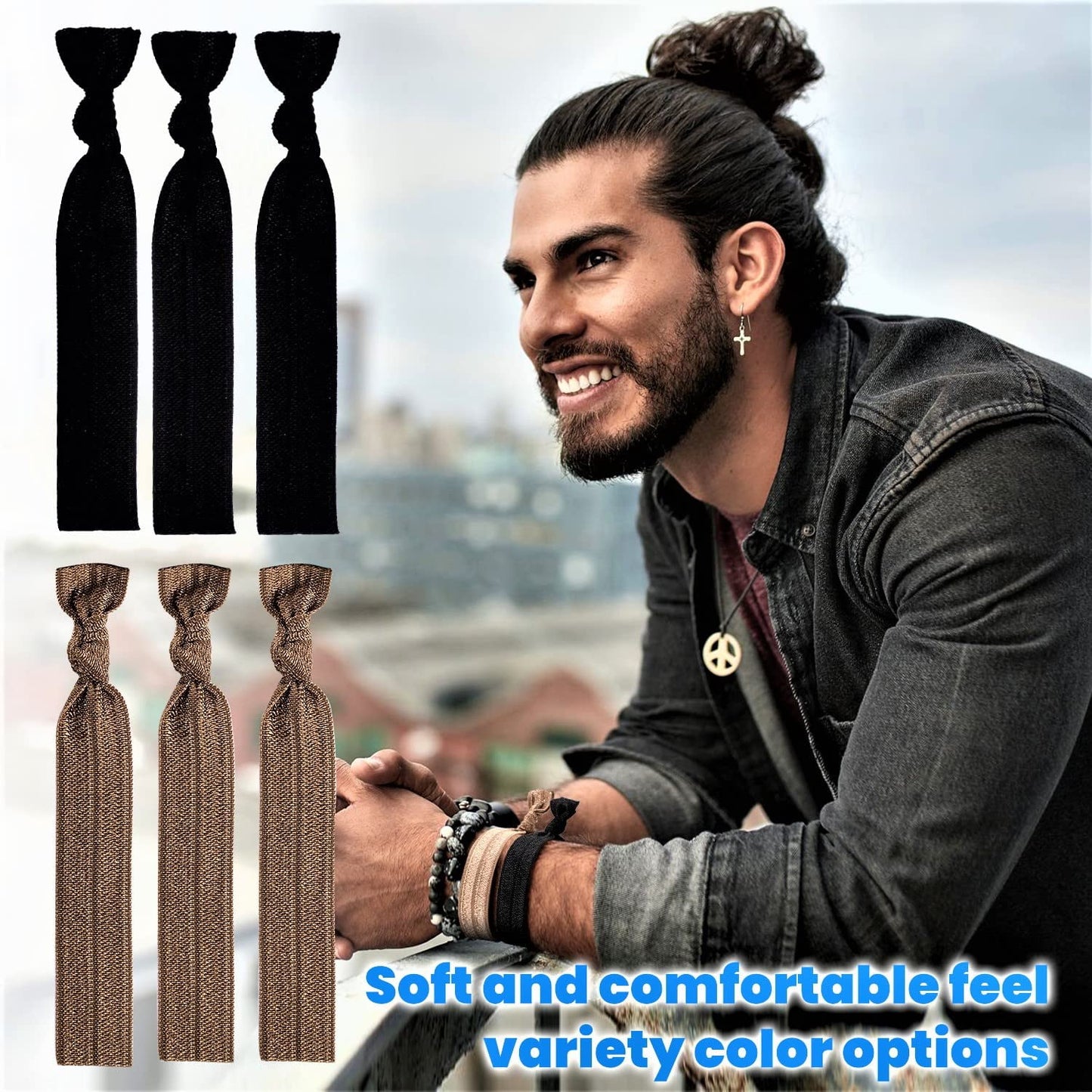100pcs Men Hair Tie For Man Bun.Man Bands Hair Ties For Mens Long Hair Elastic Fabric Hair Ties Knotted Black Ribbons Knot Men's Ponytail Holders Guys (Black-100pcs)
