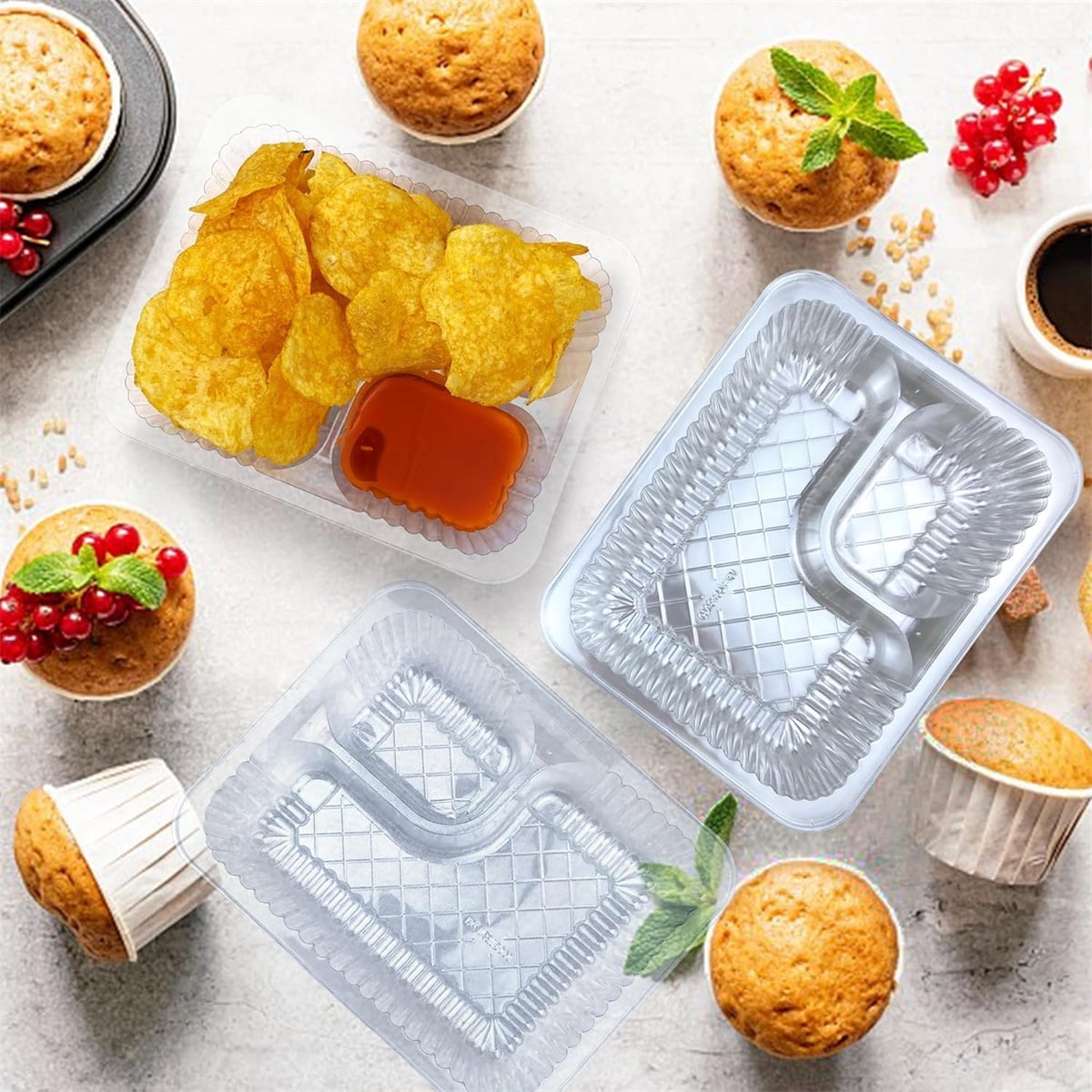 Nacho Trays for Party,6.3x5.1x1.6InPlastic Nacho Holders,2 Compartments Clear Anti-Spill Food Containers with Chip and Dip Holder,50Pcs