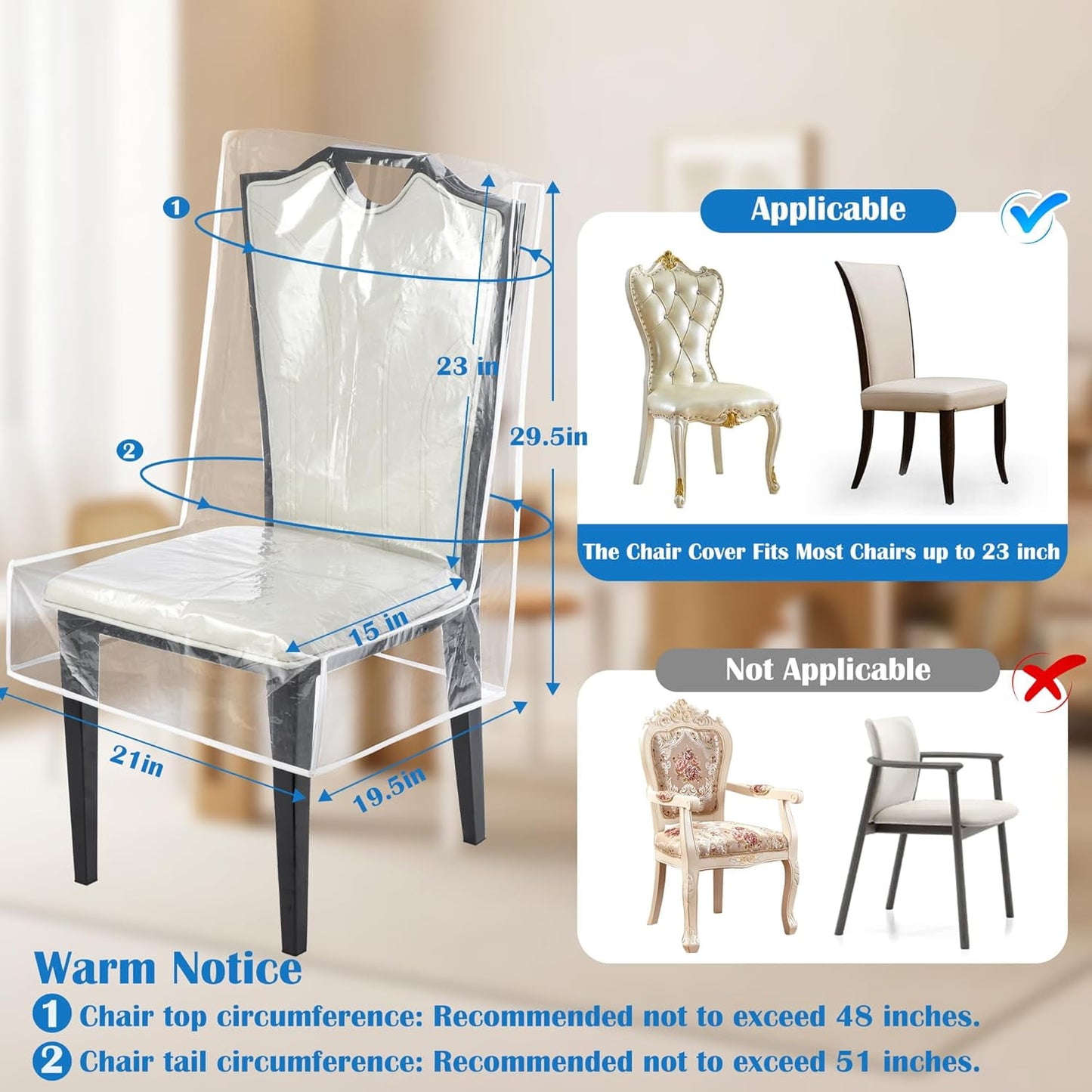 Plastic Chair Covers,Tutuviw 2Pcs Clear Dining Room Chairs Cover,Waterproof Stool Protectors from Cat Kids' Messes,Easy to Clean Slipcover,No Dust/Spills and Hair for Storage Furniture(W/21xD/18in)