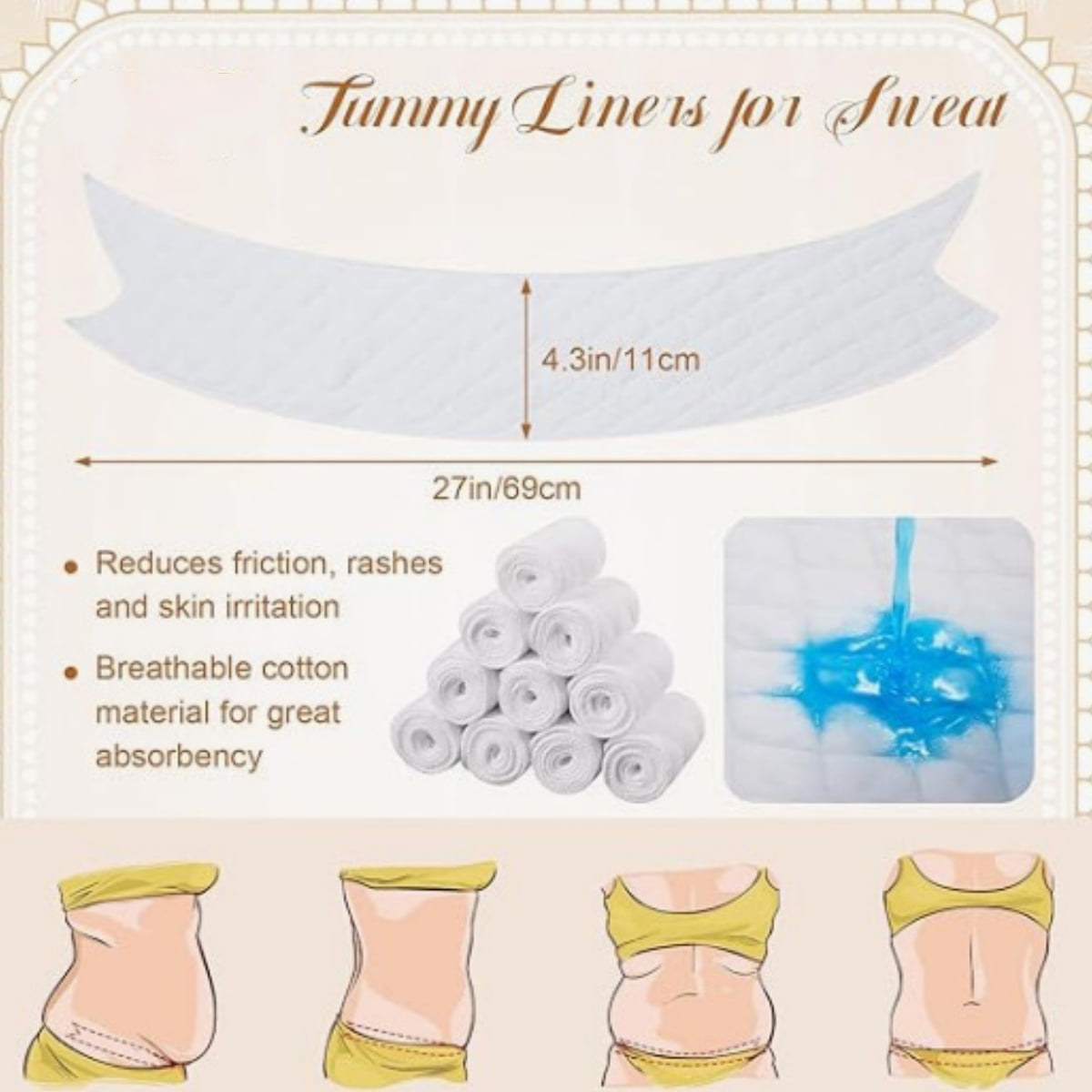 Durable Tummy Liners,Pack of 6 Portable Belly Pads,Durable Under Belly Sweat Liners for Indoor,White Tummy Band for Indoor and Outdoor White