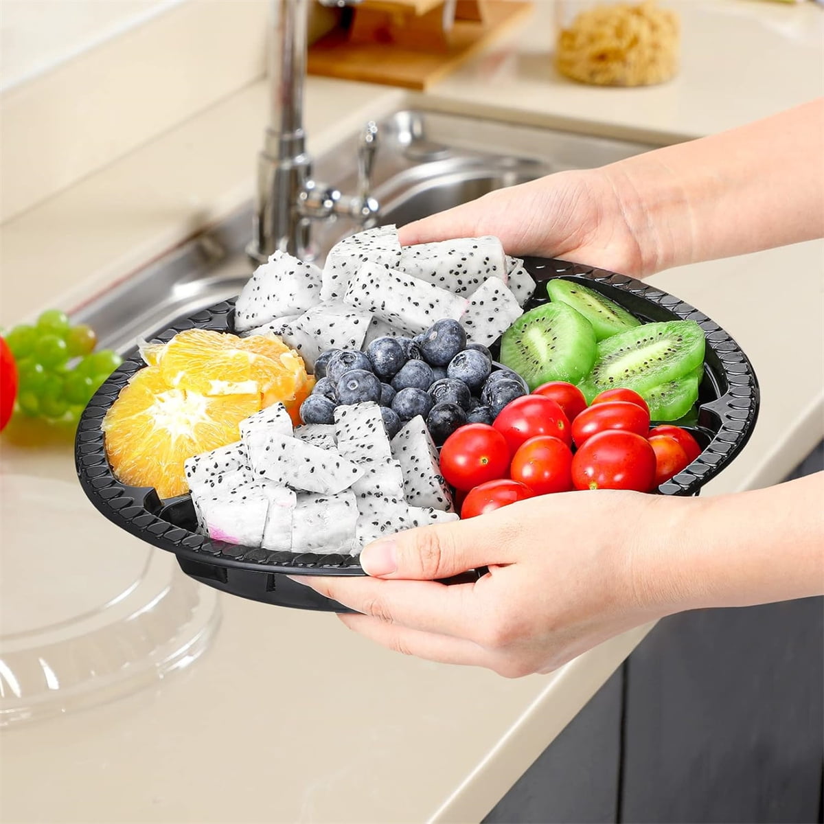 QZS Plastic Veggie Tray,Disposable Fruit Tray with 6 Compartment,10Pack Catering Vegetable Container for Food Salad,Sandwich,10.4x10.4x2In