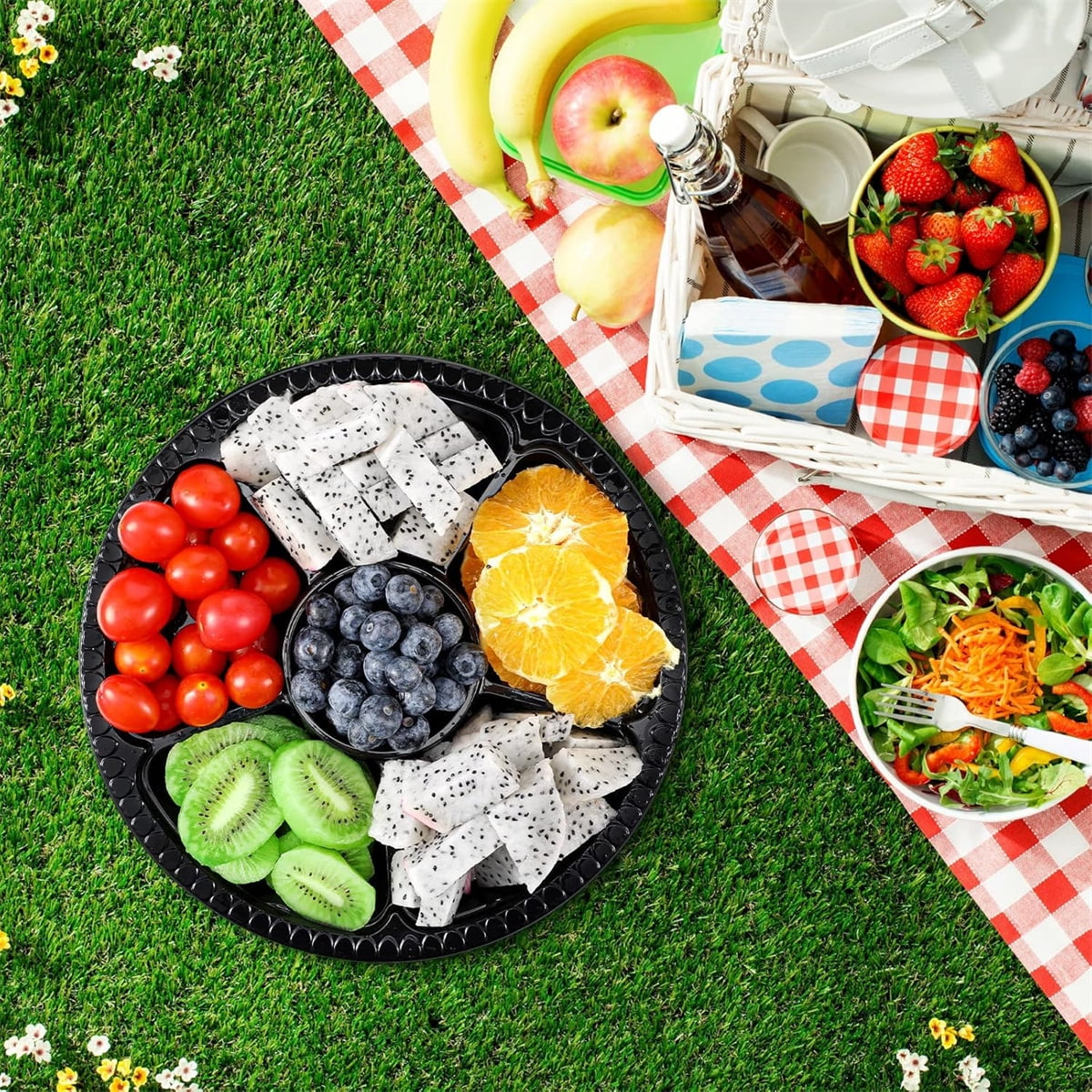 QZS Plastic Veggie Tray,Disposable Fruit Tray with 6 Compartment,10Pack Catering Vegetable Container for Food Salad,Sandwich,10.4x10.4x2In