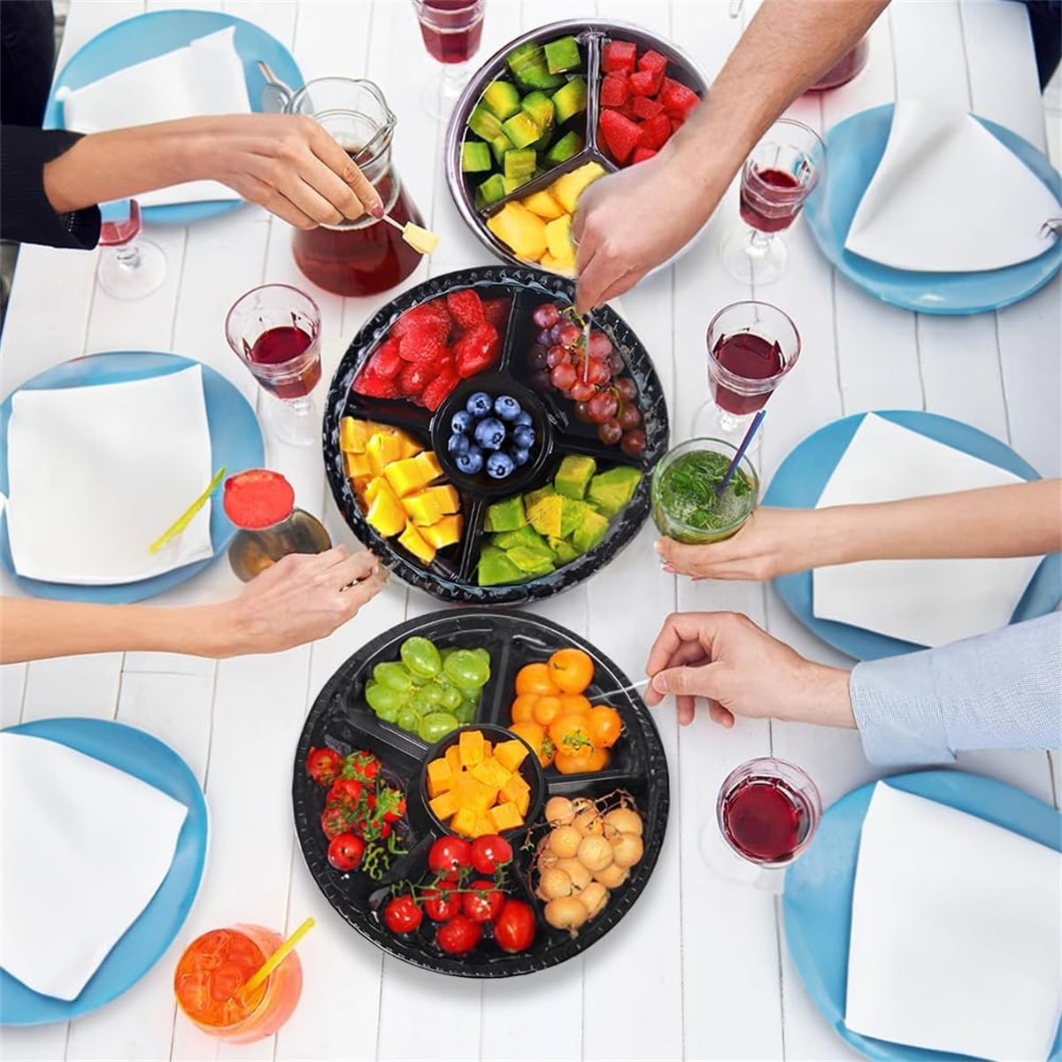 QZS Plastic Veggie Tray,Disposable Fruit Tray with 6 Compartment,10Pack Catering Vegetable Container for Food Salad,Sandwich,10.4x10.4x2In