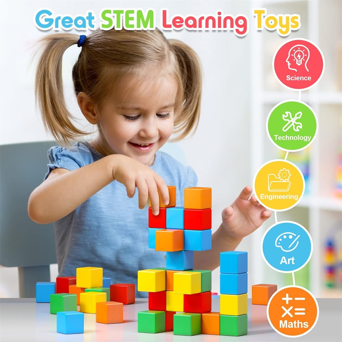 Creative Learning Toys,1.2x1.2 Inches Reusable Magnetic Building Block for Indoor,Pack of 20 Durable Multicolor Cubes Tiles for Home,Square 1.2" x 1.2"