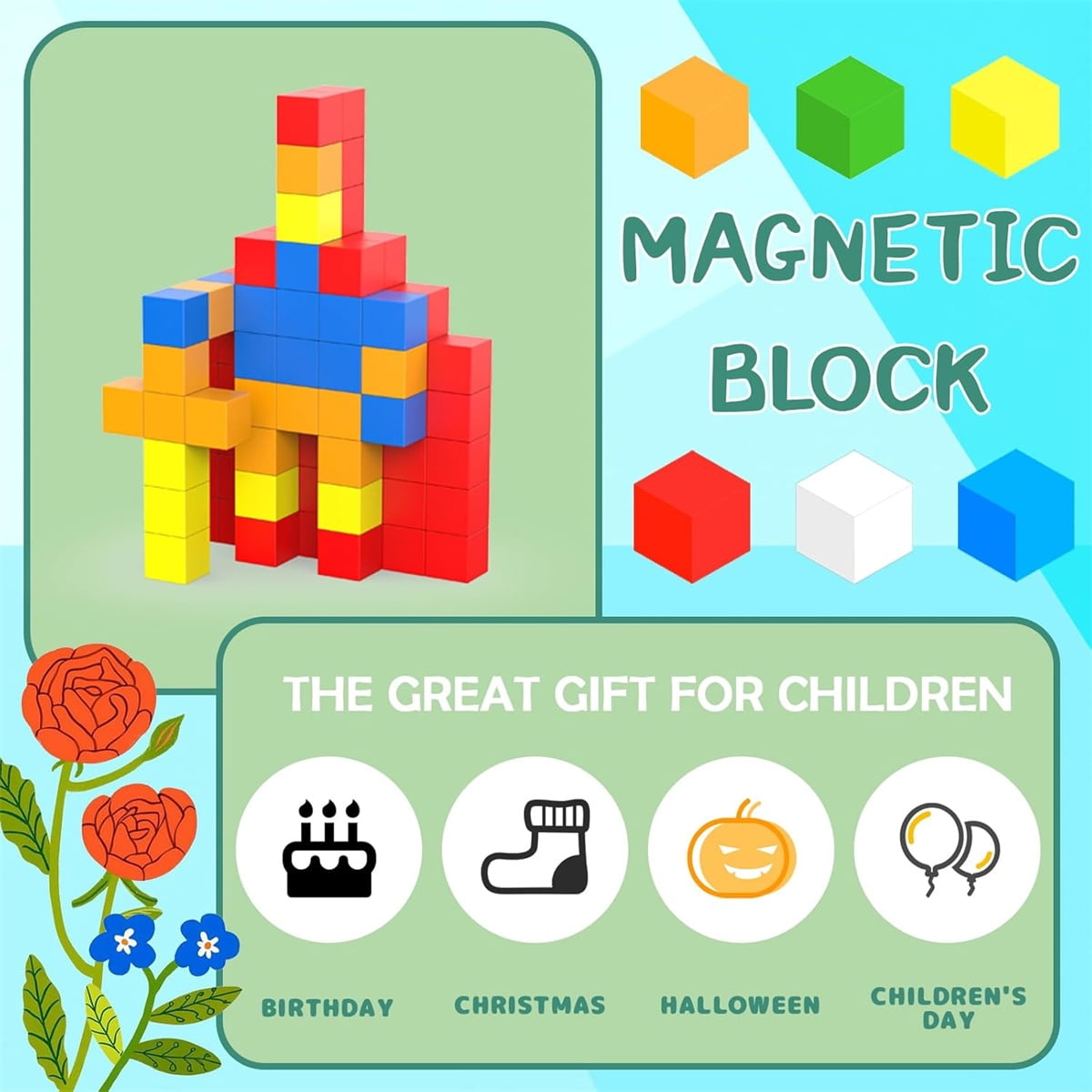 Creative Learning Toys,1.2x1.2 Inches Reusable Magnetic Building Block for Indoor,Pack of 20 Durable Multicolor Cubes Tiles for Home,Square 1.2" x 1.2"