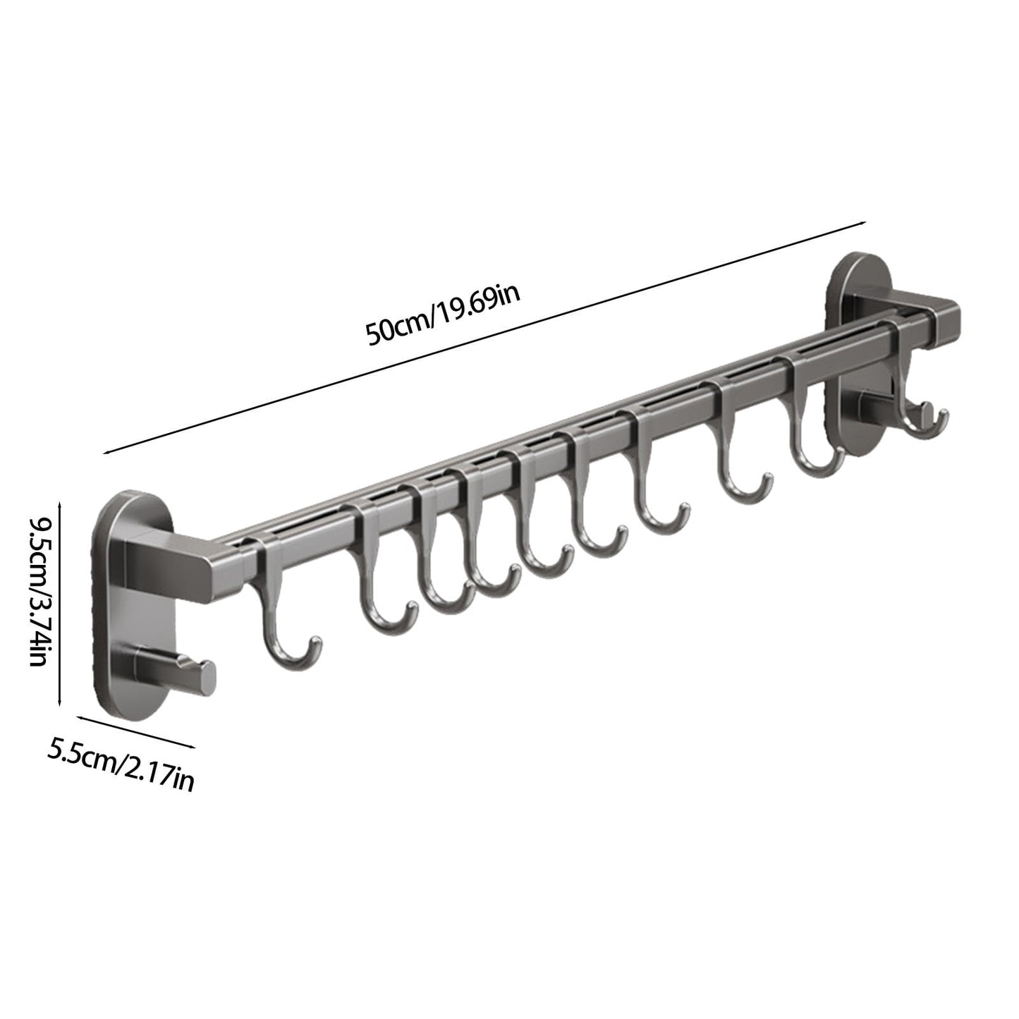 Kitchen Rail with Hooks, Pan and Pot Hangers for Kitchen Wall Mount, Kitchen Hook Rack, No Hole Hanging Rod Wall Mounted Storage Rack, Kitchen Utensil Rack with Removable S Hook, Aluminum Black