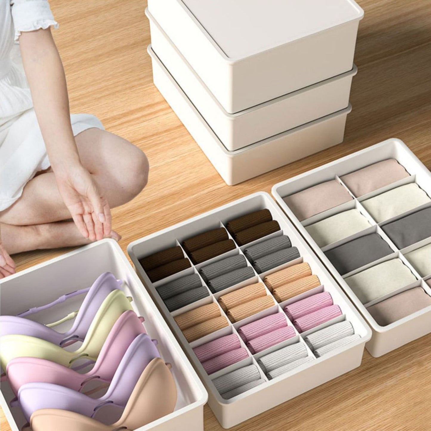 Sock Underwear Drawer Organzier Divider, 15 Compartments Removable Divided Plastic Storage Bin with Lid, Storage Organizer Sock Holders Organizers for Scarves Ties Belts(White) White
