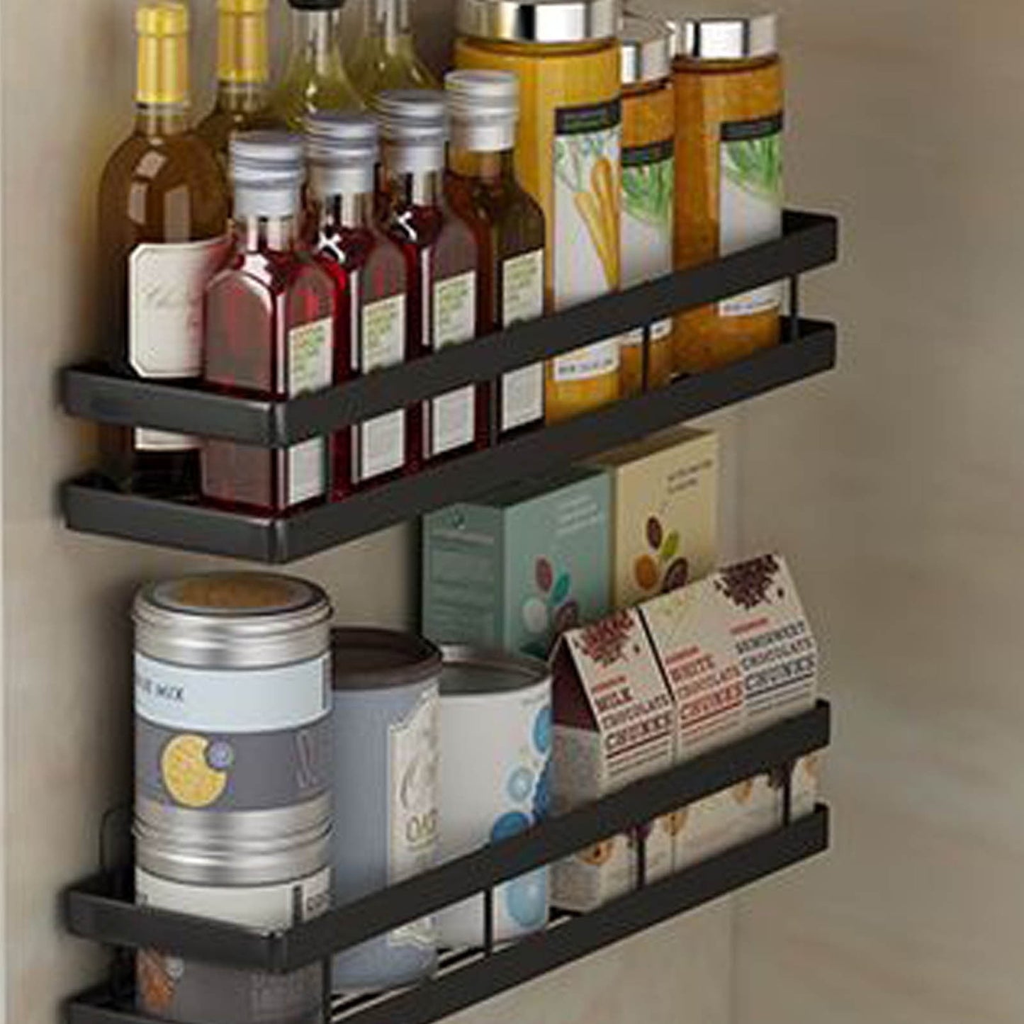 Metal Spice Rack, Wall Mount Floating Shelves, Black Storage organizer, Wall-mounted Household Spice Jars Rack, Wall Multi-function Storage Racks, for Cabinet Door, Pantry, Kitchen/Bathroom Supplies Black