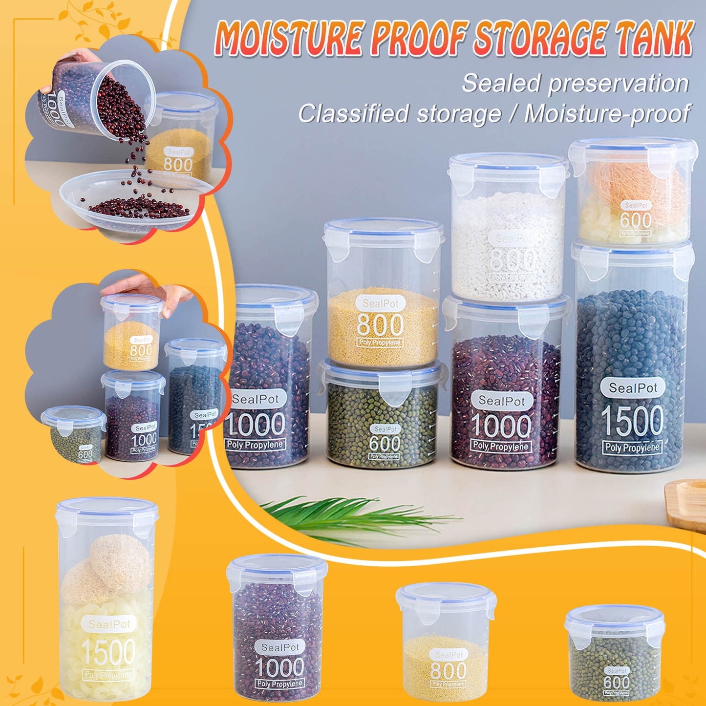 Clear Sealed Food Containers, 800ml Plastic Stackable Leakproof Storage Jar with Locking Lid, Kitchen Gadget for Rice Beans Storage B