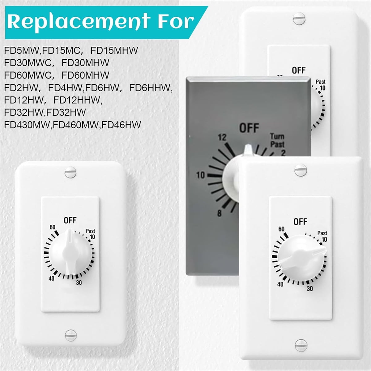 Tutuviw 2 Pack Timer Switch Knob Replacement Timer Switch Knob Compatible Spring Wound Timers D-Type Timer Knob for Wall Bathroom Fan Motor Heater Light (White)