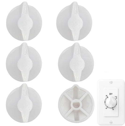 Tutuviw 2 Pack Timer Switch Knob Replacement Timer Switch Knob Compatible Spring Wound Timers D-Type Timer Knob for Wall Bathroom Fan Motor Heater Light (White)