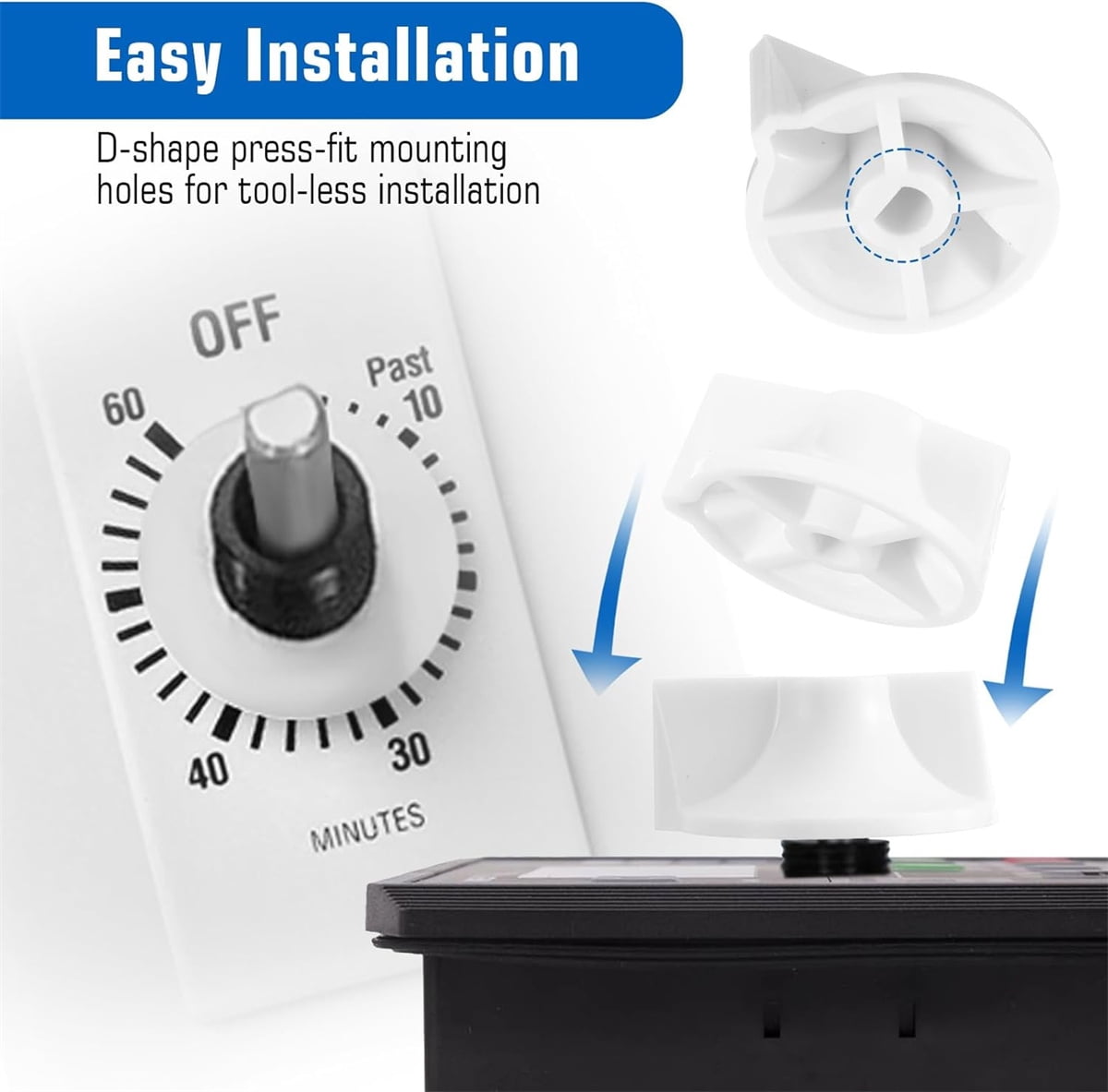 Tutuviw 2 Pack Timer Switch Knob Replacement Timer Switch Knob Compatible Spring Wound Timers D-Type Timer Knob for Wall Bathroom Fan Motor Heater Light (White)
